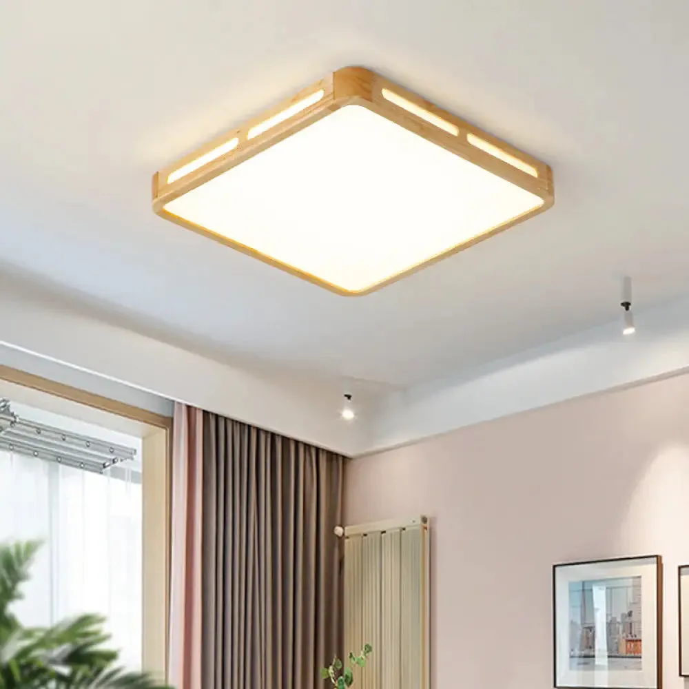 LED Wooden Rectangle Flush Mount Ceiling Light with Acrylic Diffuser - Simple Style for Living Room