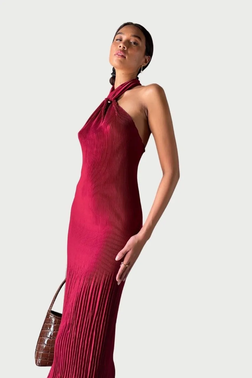 L'idée Soirée Pleated Halter Dress - Ruby