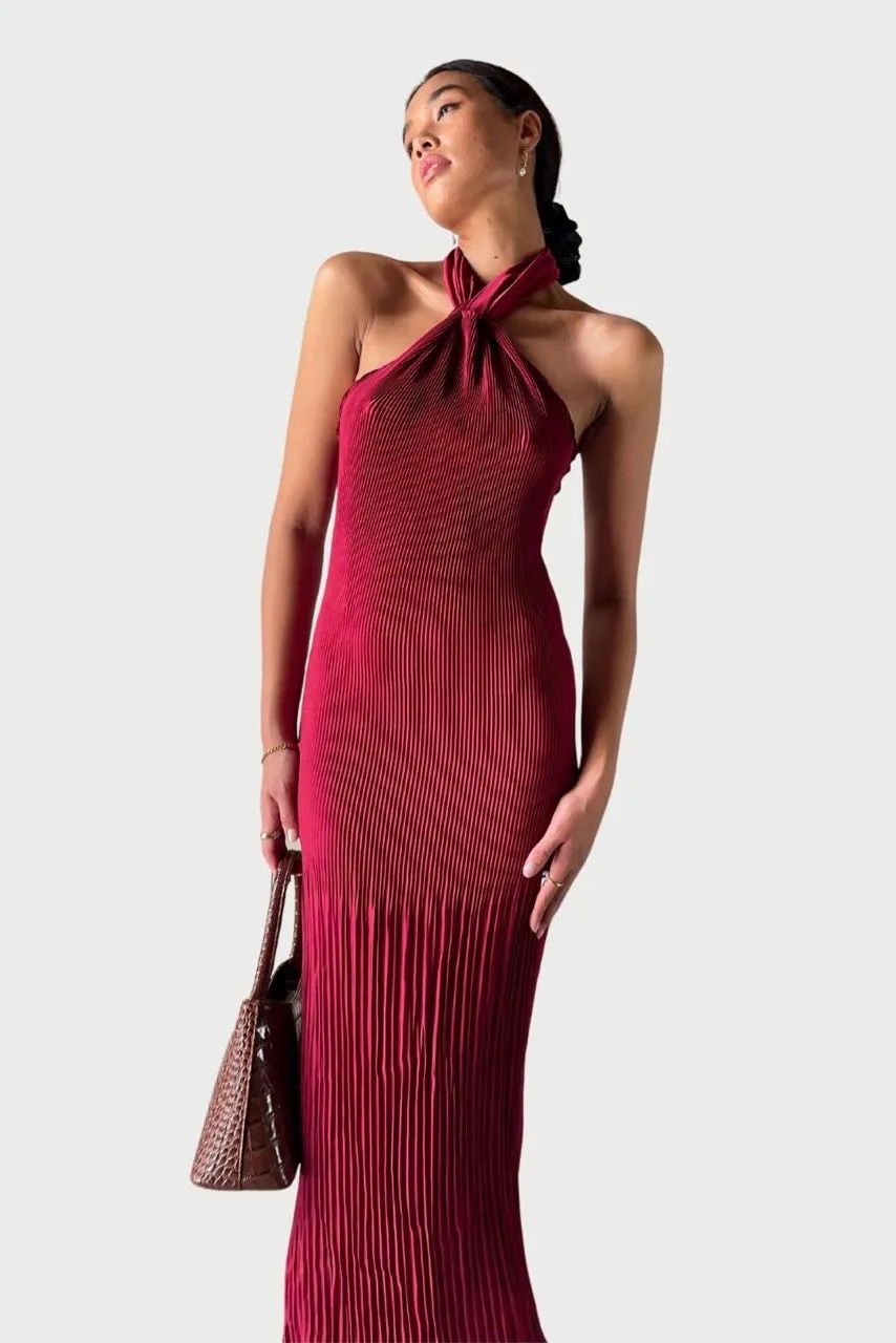 L'idée Soirée Pleated Halter Dress - Ruby