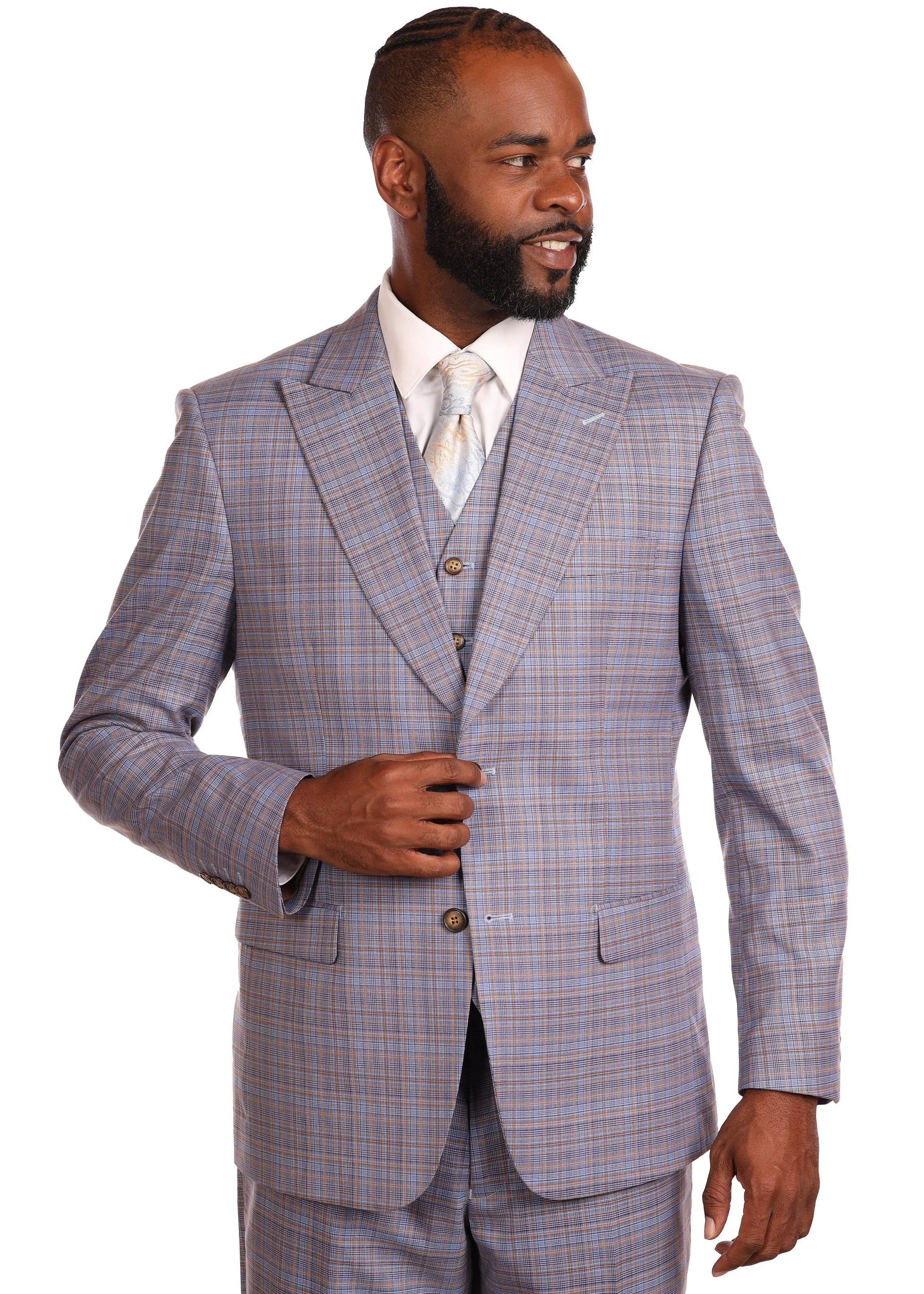 LIGHT GREY MEN'S PLAID SUIT 3 PIECES VESTED MODERN-FIT PEAK LAPEL