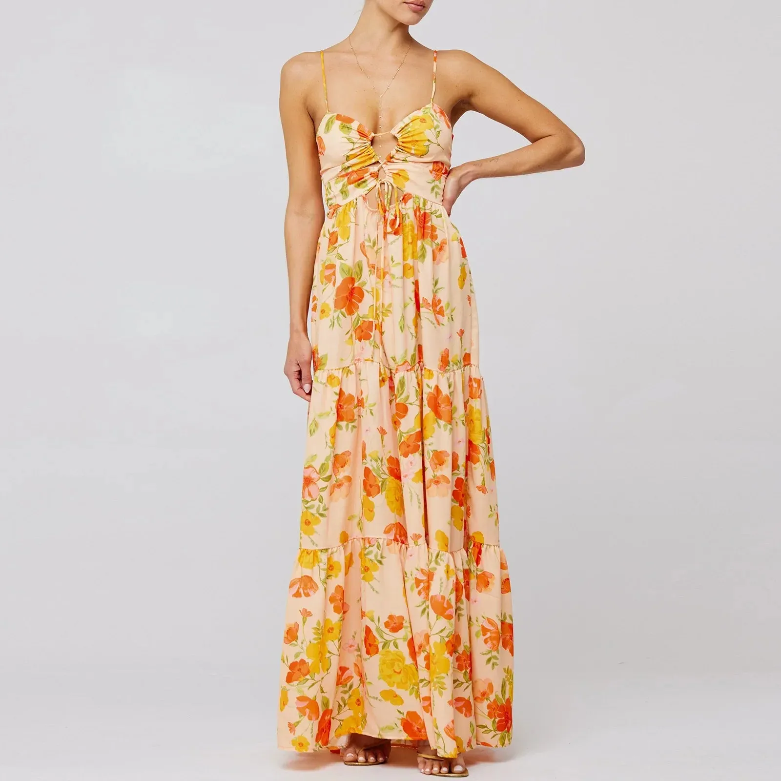 Long Beach Sleeveless Spaghetti Strap Cross Tie-up Floral Print Midi Slip Summer Boho Dress