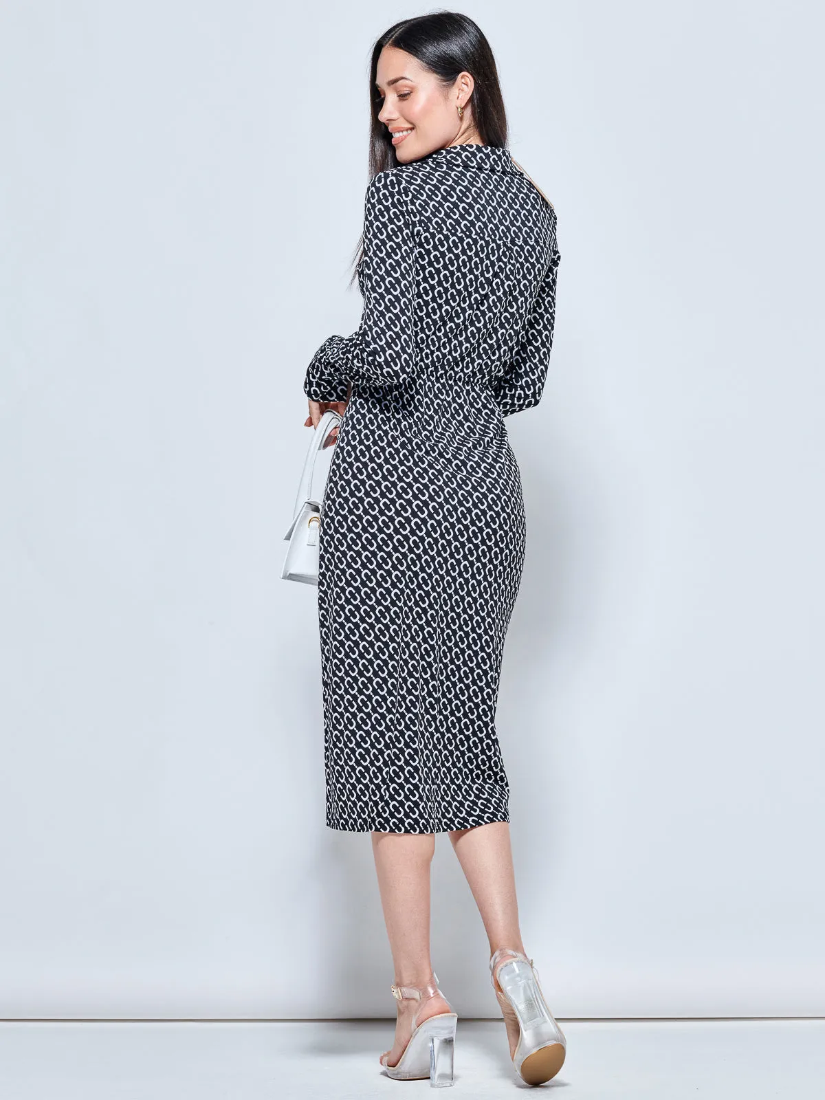 Long Sleeve Printed Jersey Shirt Dress, Black Geo