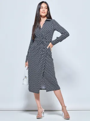 Long Sleeve Printed Jersey Shirt Dress, Black Geo