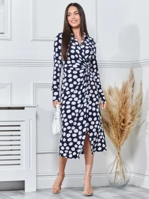 Long Sleeve Printed Jersey Shirt Dress, Navy Polka Dot