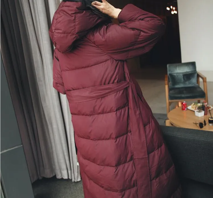 Loose Fitting Winter Puffer Coat Duck Down Jacket, Hooded Down Jacket Women With Waist Line 3220