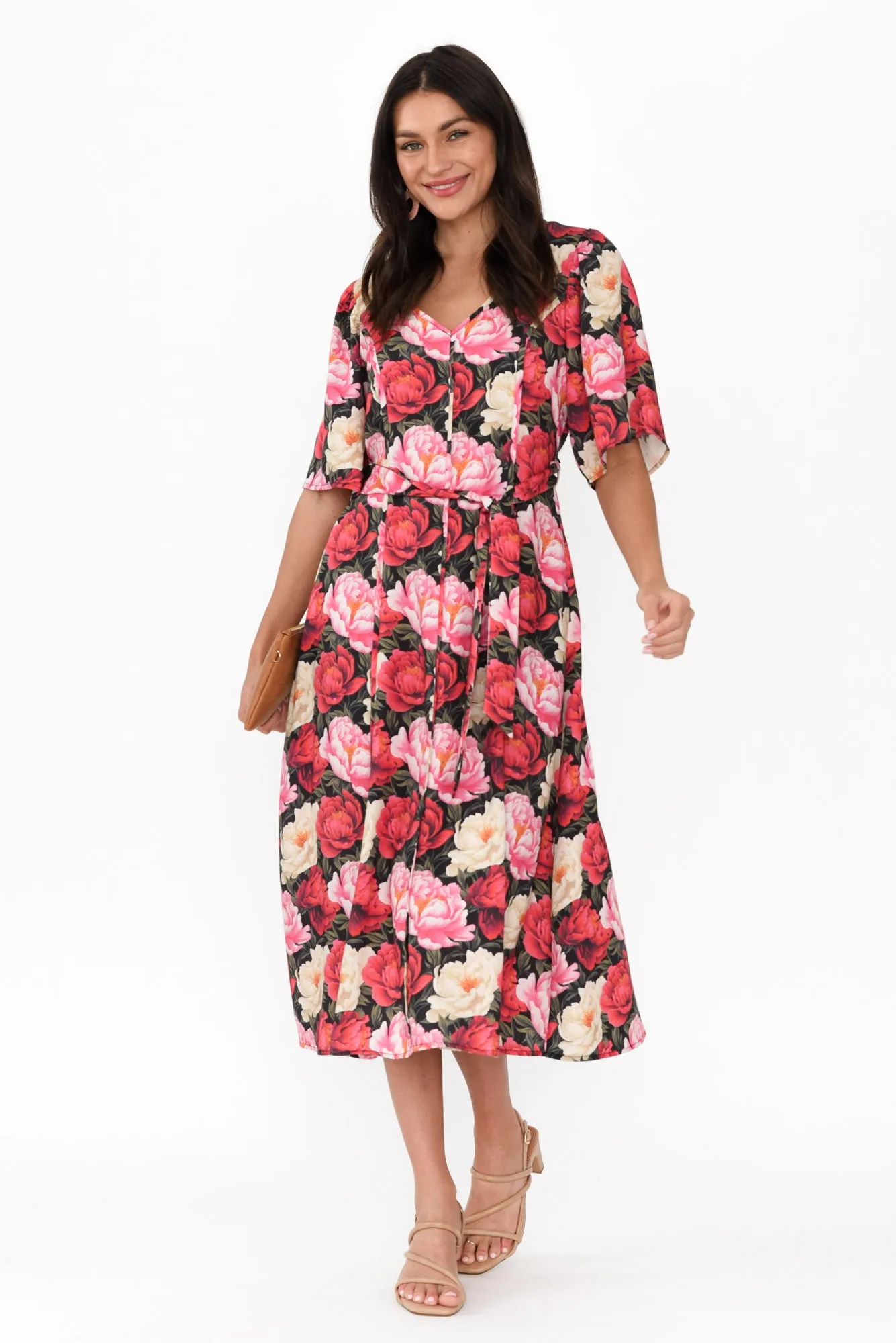 Lyrical Pink Floral Flutter Sleeve Dress