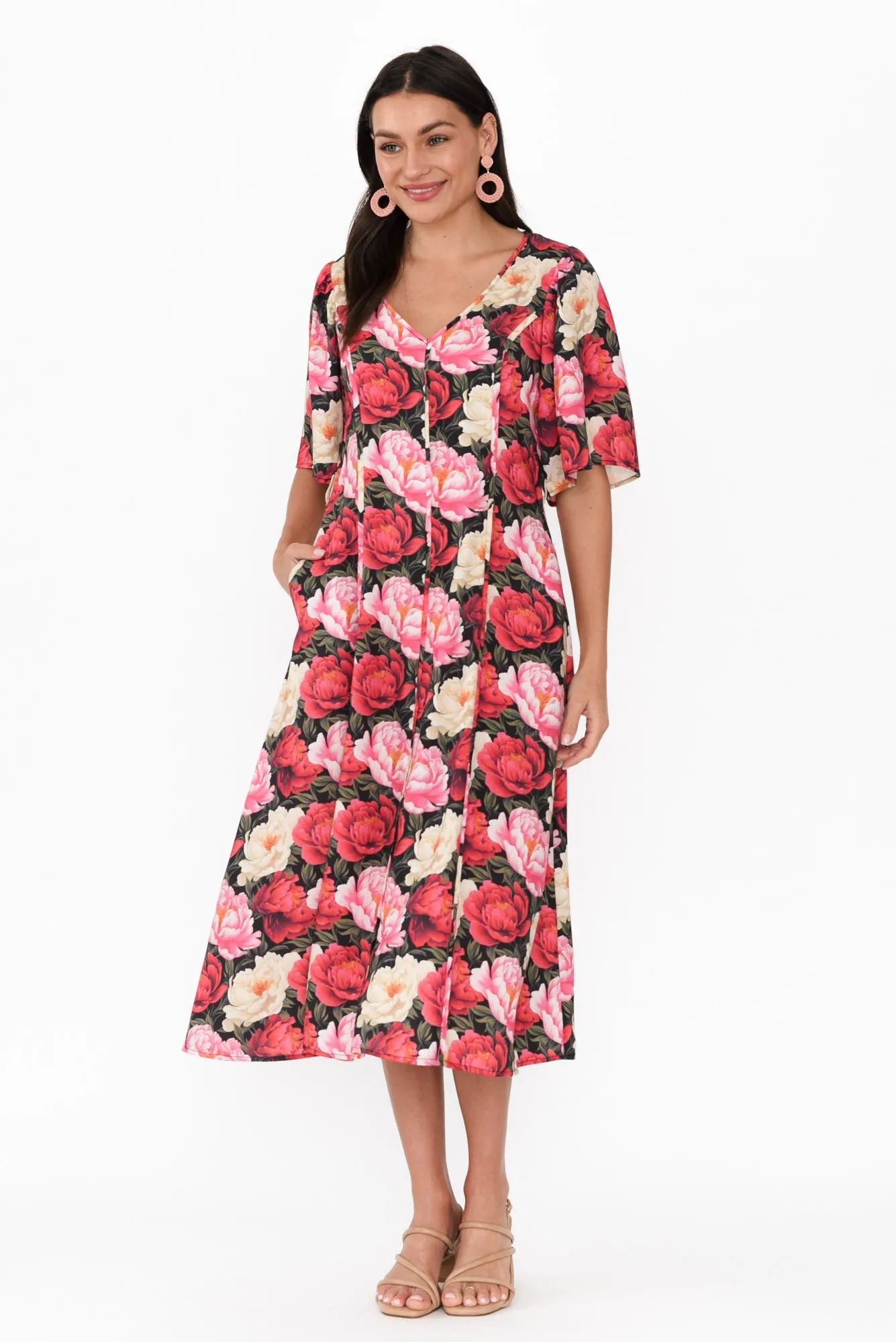 Lyrical Pink Floral Flutter Sleeve Dress