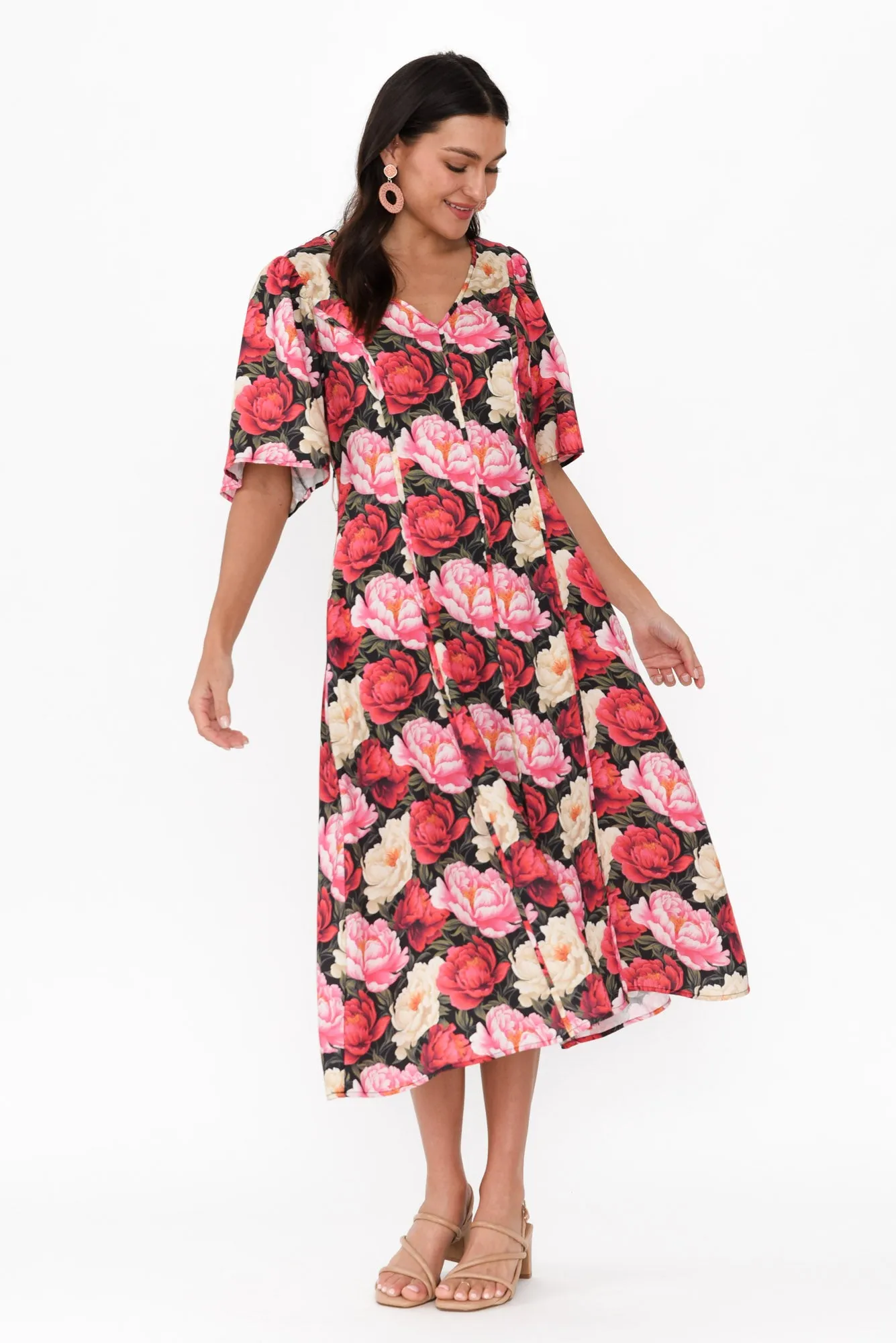 Lyrical Pink Floral Flutter Sleeve Dress