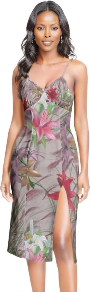 Mauve Gold Floral Split Thigh V-Neck Cami Dress