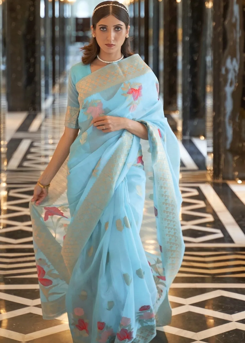 Maya Blue Zari Woven Linen Silk Saree