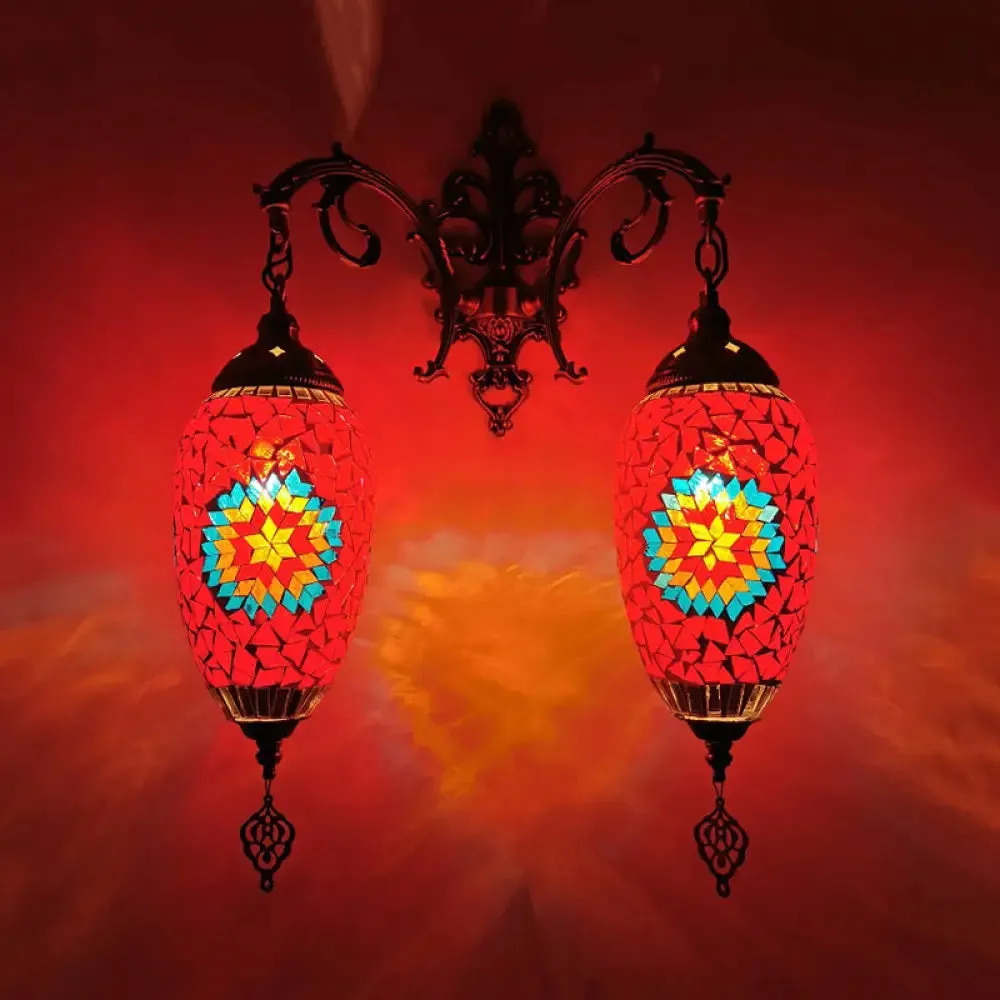 Mediterranean Stained Glass Wall Lighting with 2 Heads - Bar Wall Mount Lamp in Red/Orange/Green