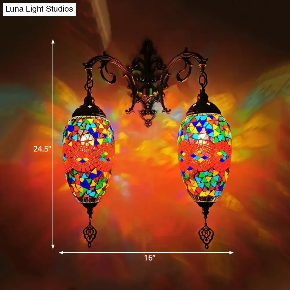 Mediterranean Stained Glass Wall Lighting with 2 Heads - Bar Wall Mount Lamp in Red/Orange/Green