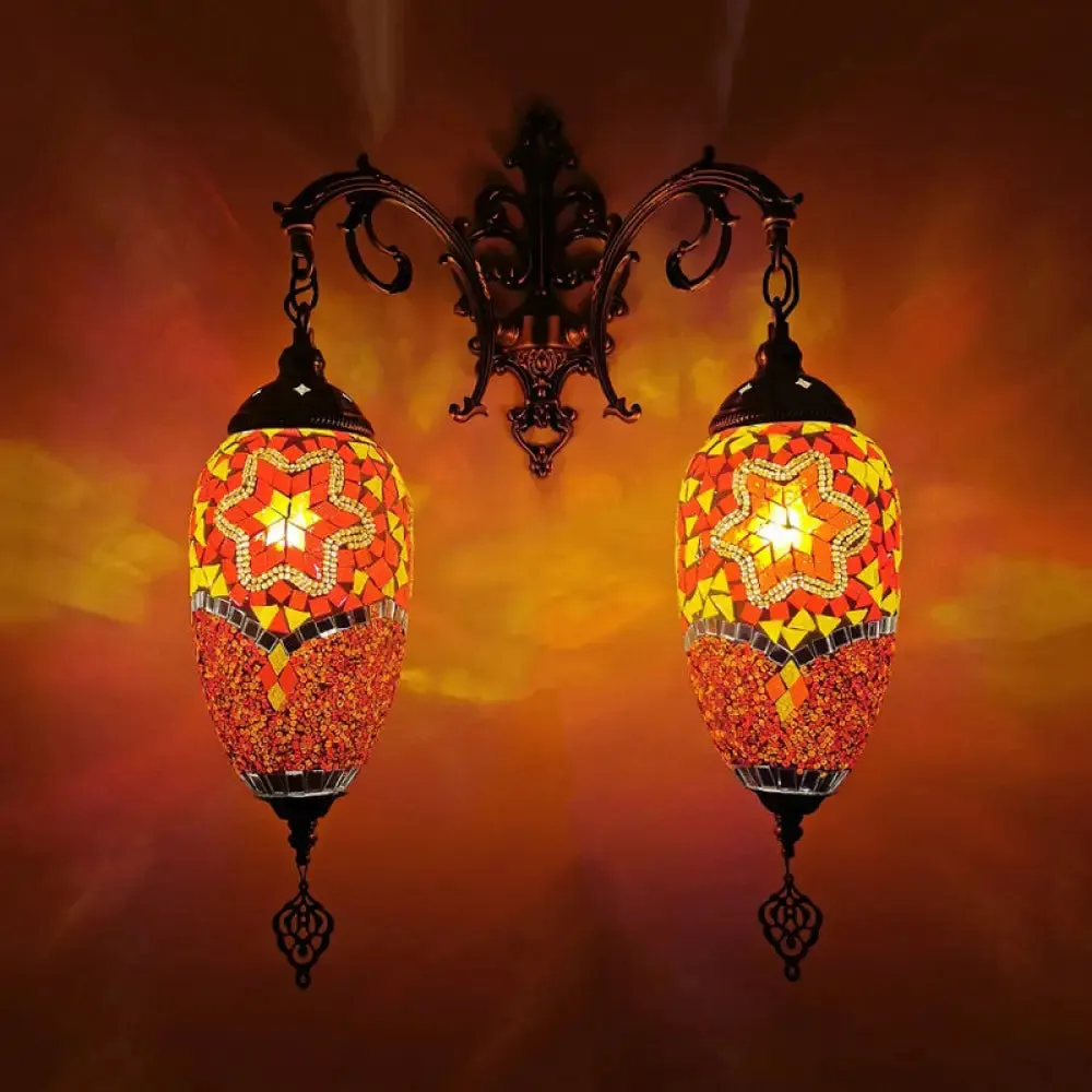 Mediterranean Stained Glass Wall Lighting with 2 Heads - Bar Wall Mount Lamp in Red/Orange/Green