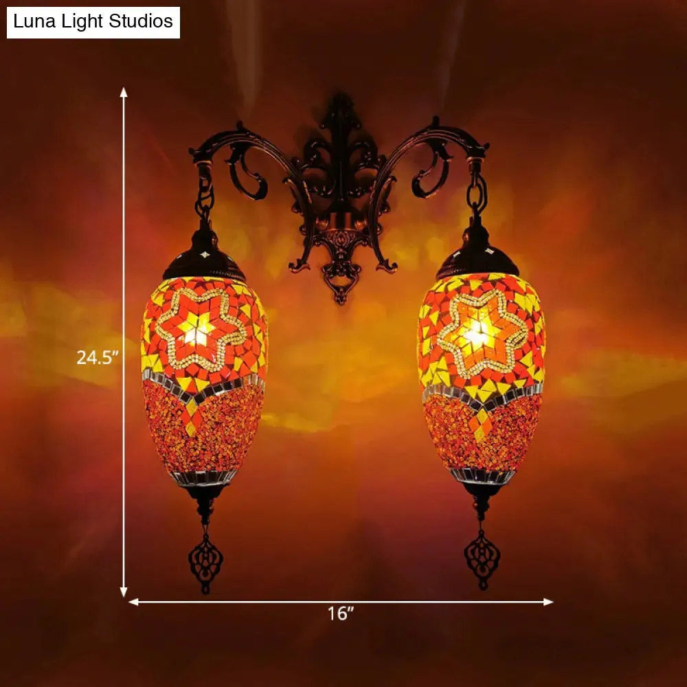 Mediterranean Stained Glass Wall Lighting with 2 Heads - Bar Wall Mount Lamp in Red/Orange/Green