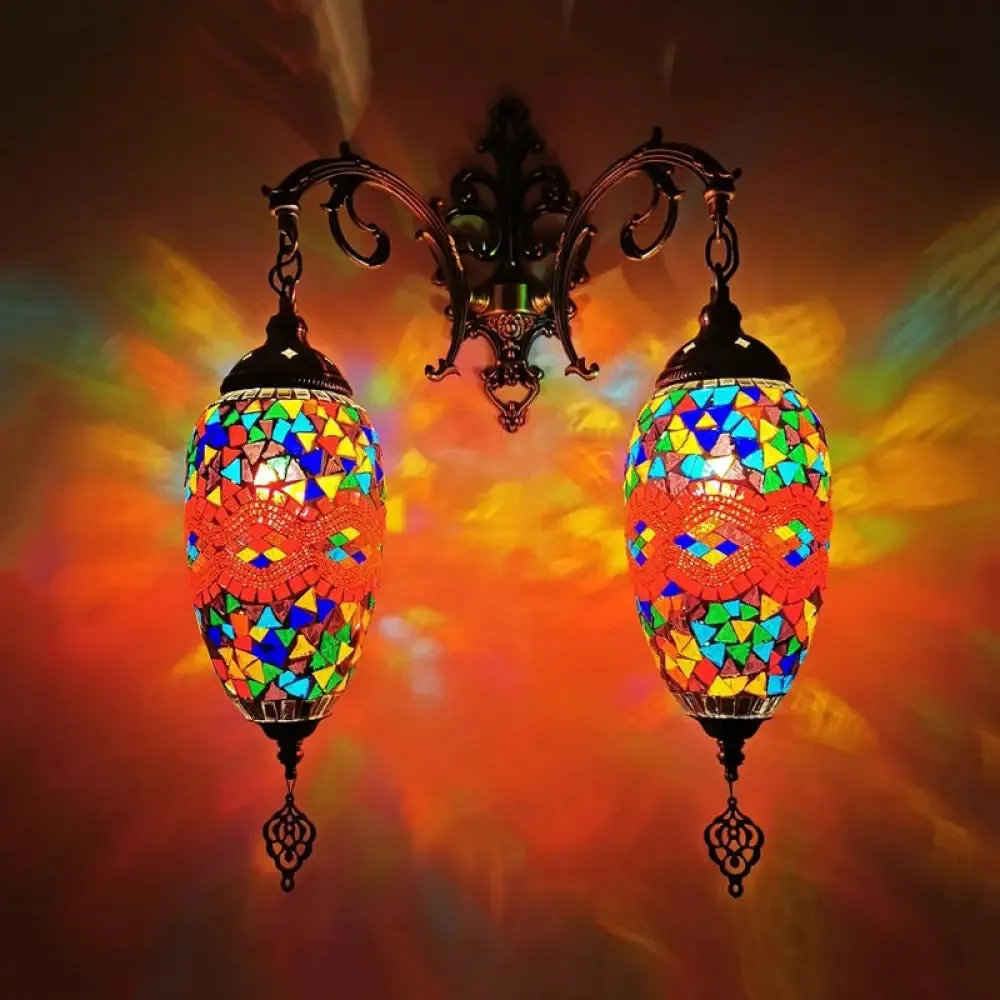 Mediterranean Stained Glass Wall Lighting with 2 Heads - Bar Wall Mount Lamp in Red/Orange/Green