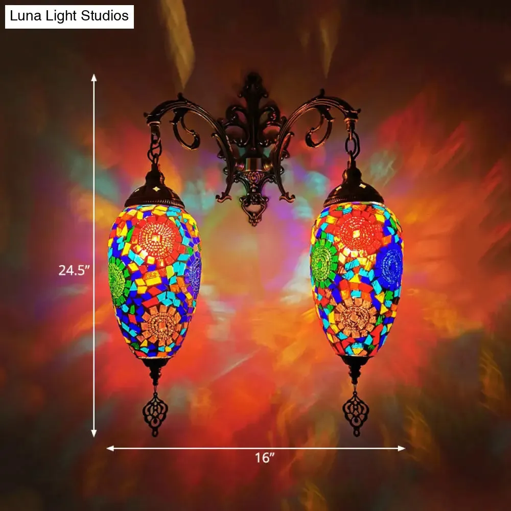 Mediterranean Stained Glass Wall Lighting with 2 Heads - Bar Wall Mount Lamp in Red/Orange/Green