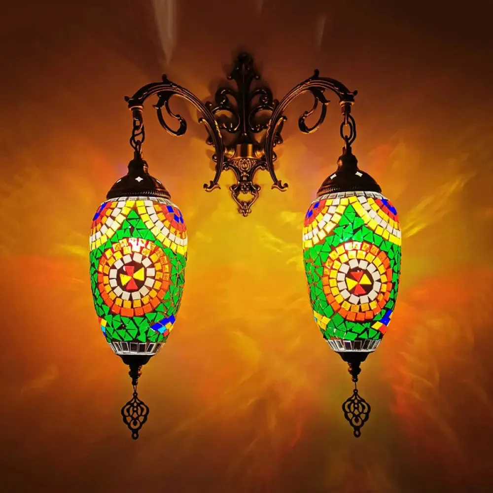 Mediterranean Stained Glass Wall Lighting with 2 Heads - Bar Wall Mount Lamp in Red/Orange/Green