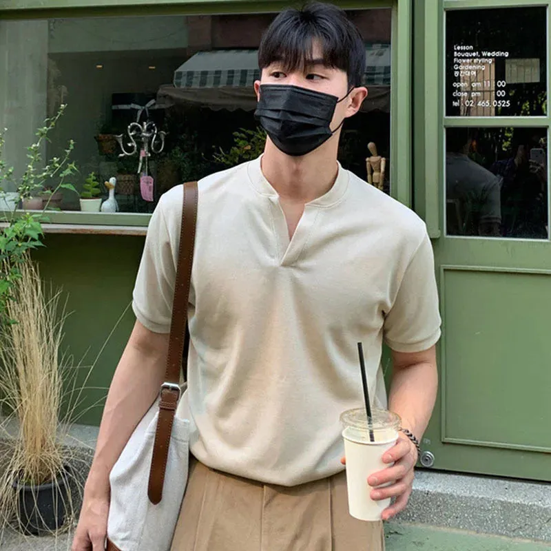 Men Knitting T-shirt Casual V-neck Solid Color Male Short Sleeve Korean Fashion Men's Clothing Spring Chic 9C4701