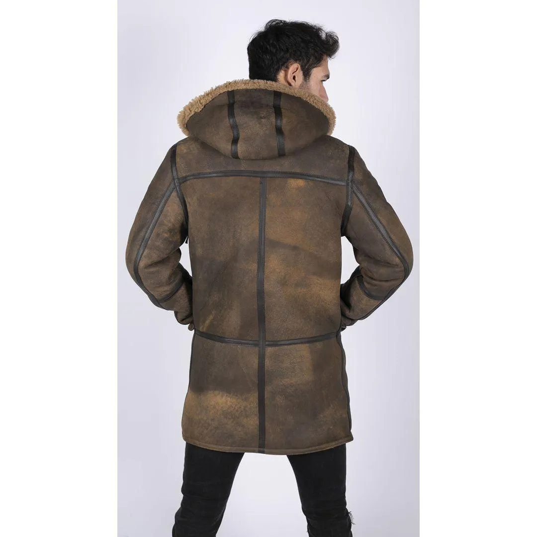 Mens Duffle 3/4 Coat Real Sheepskin Leather Jacket Toggle Classic Retro Brown