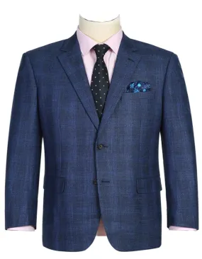 Mens Two Button Classic Fit Sport Coat Navy Blue Windowpane Plaid Blazer