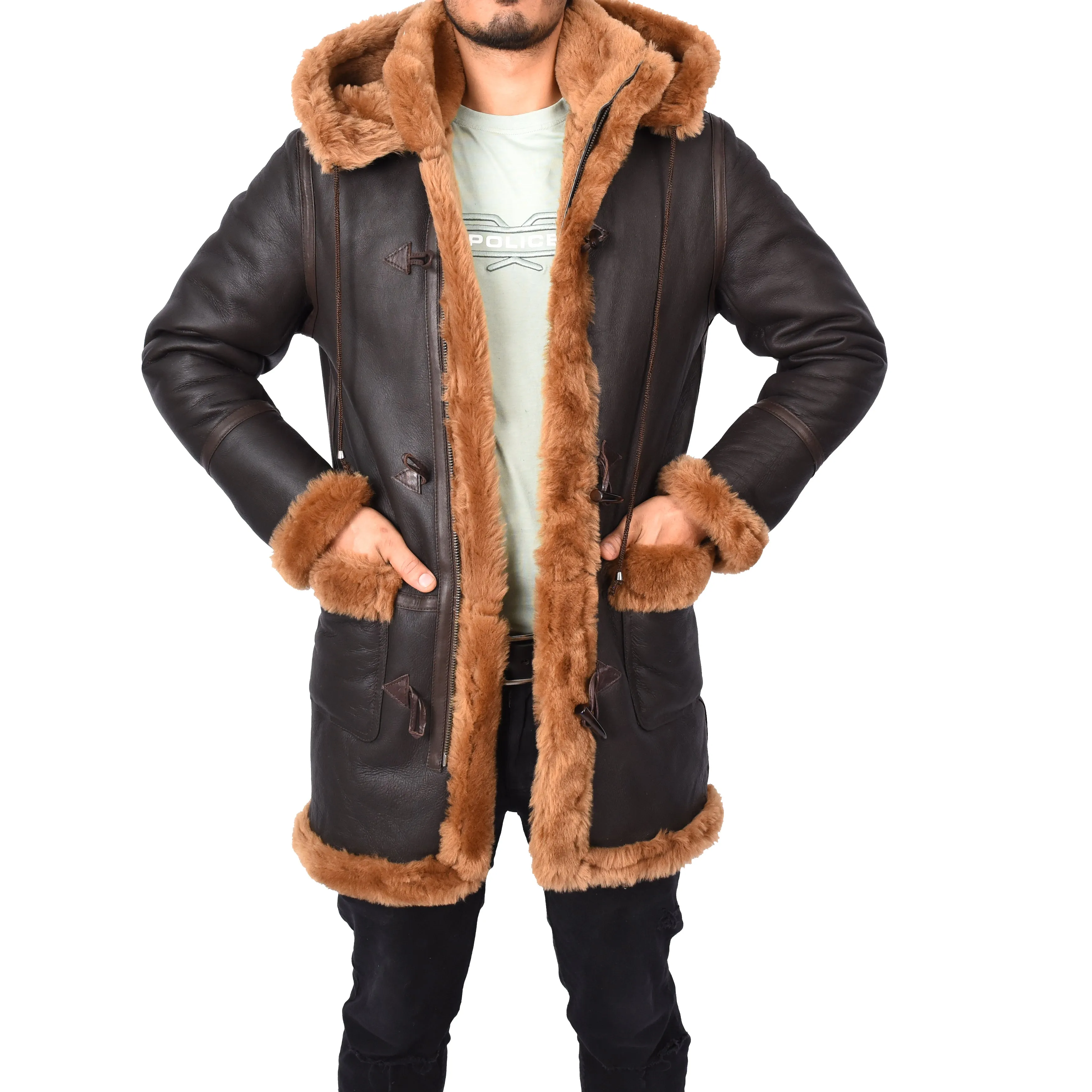 Mens Winter Sheepskin Hooded Duffel Coat ¾ Length Shearling Ronald Brown