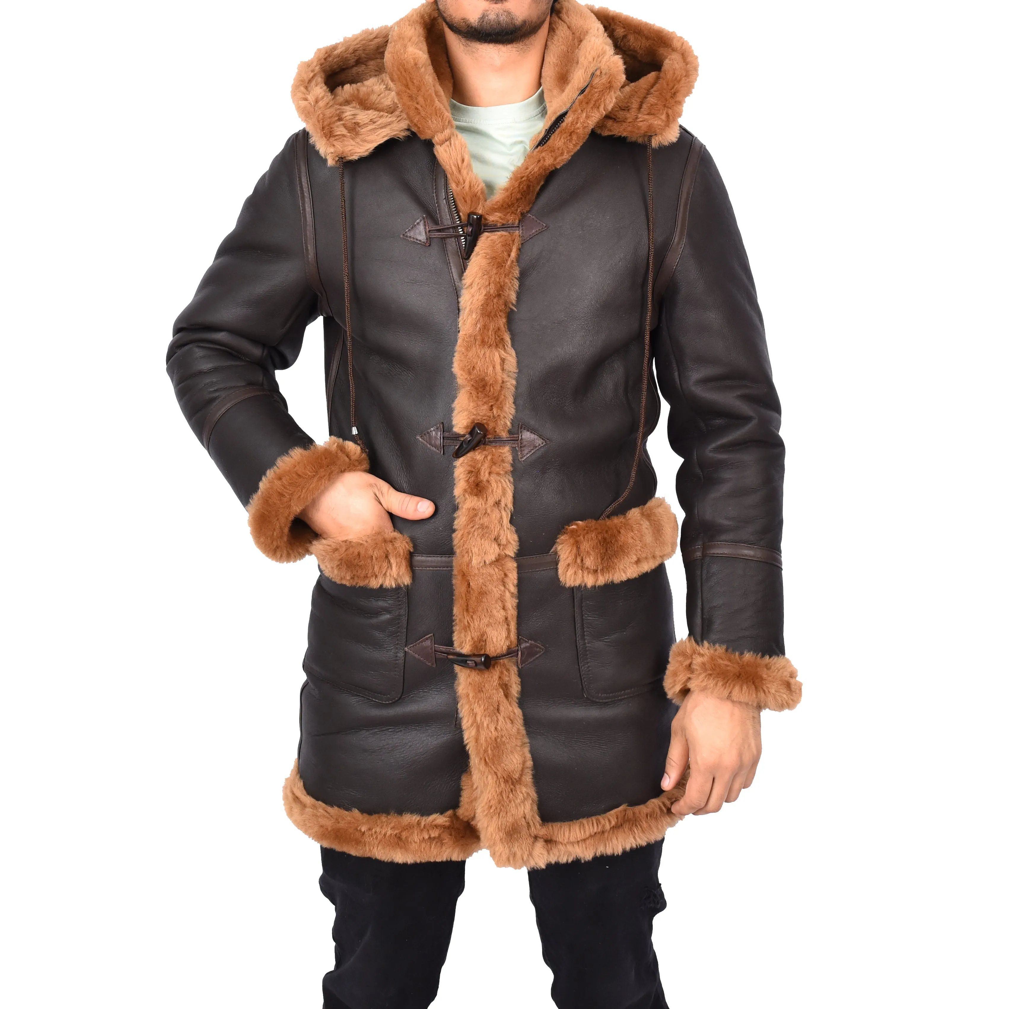 Mens Winter Sheepskin Hooded Duffel Coat ¾ Length Shearling Ronald Brown