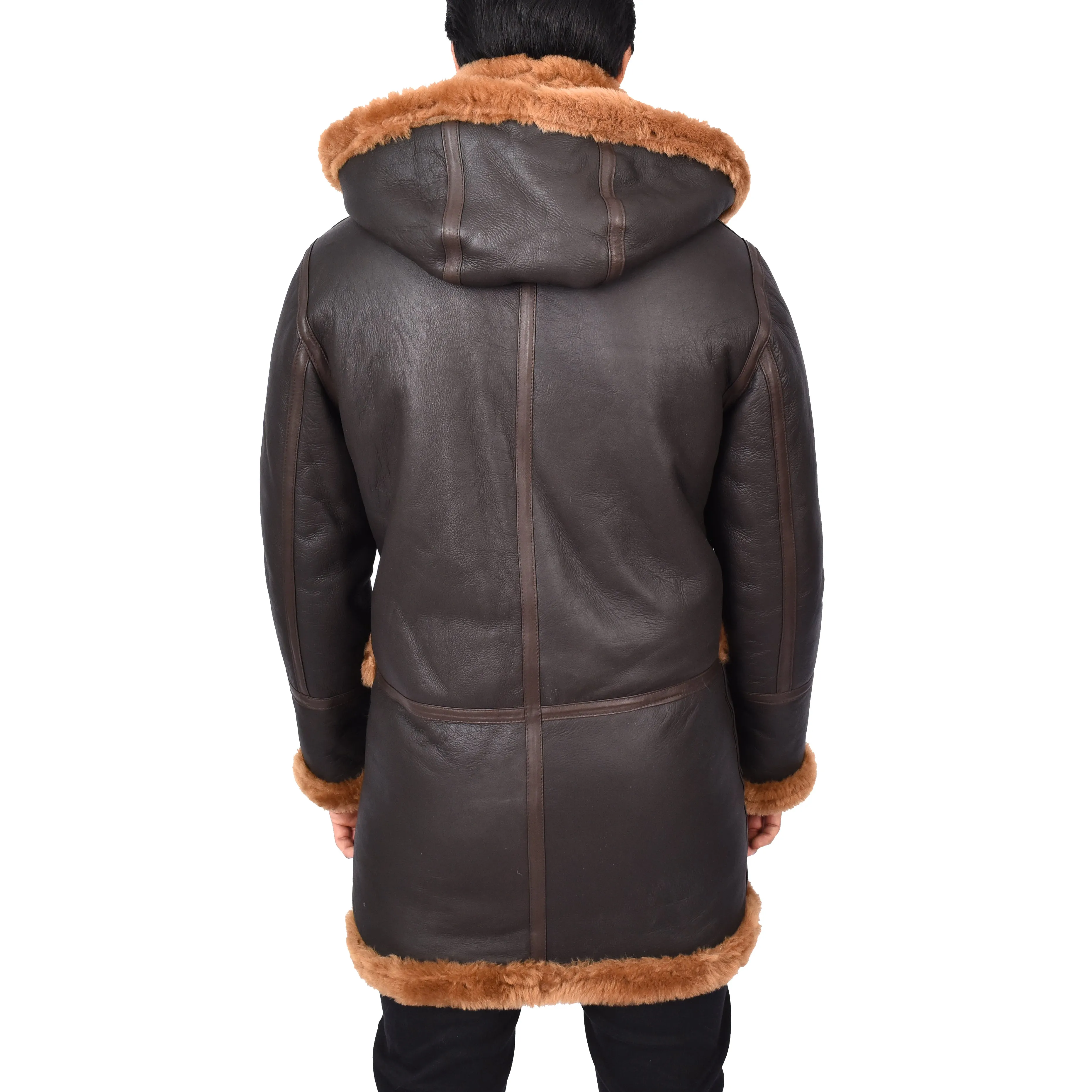 Mens Winter Sheepskin Hooded Duffel Coat ¾ Length Shearling Ronald Brown