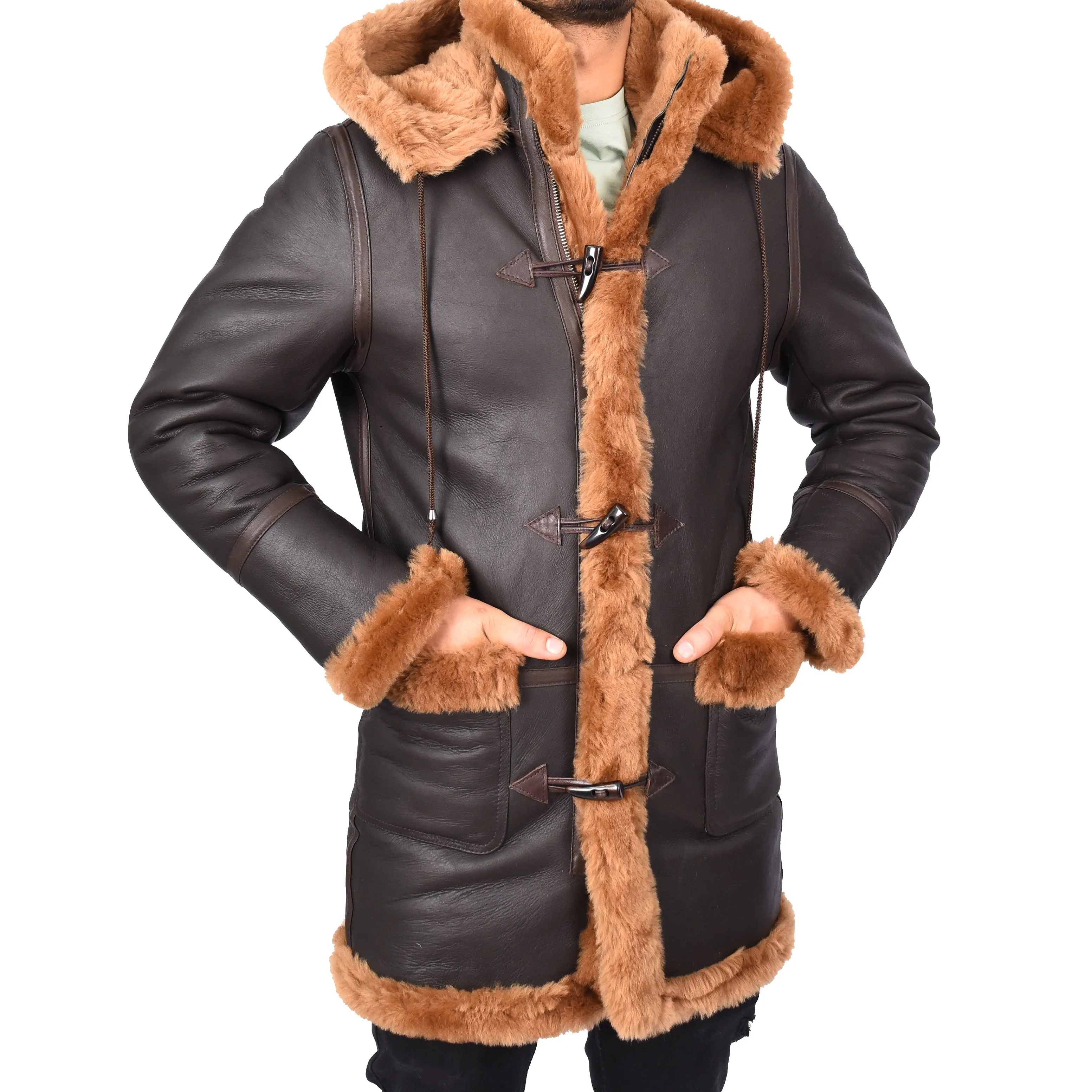 Mens Winter Sheepskin Hooded Duffel Coat ¾ Length Shearling Ronald Brown