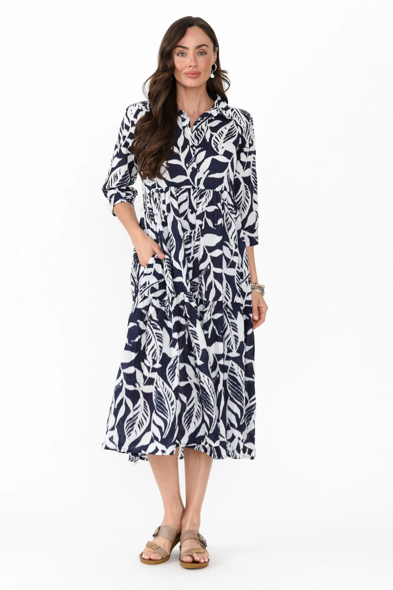 Meyer Navy Floral Cotton Collared Dress