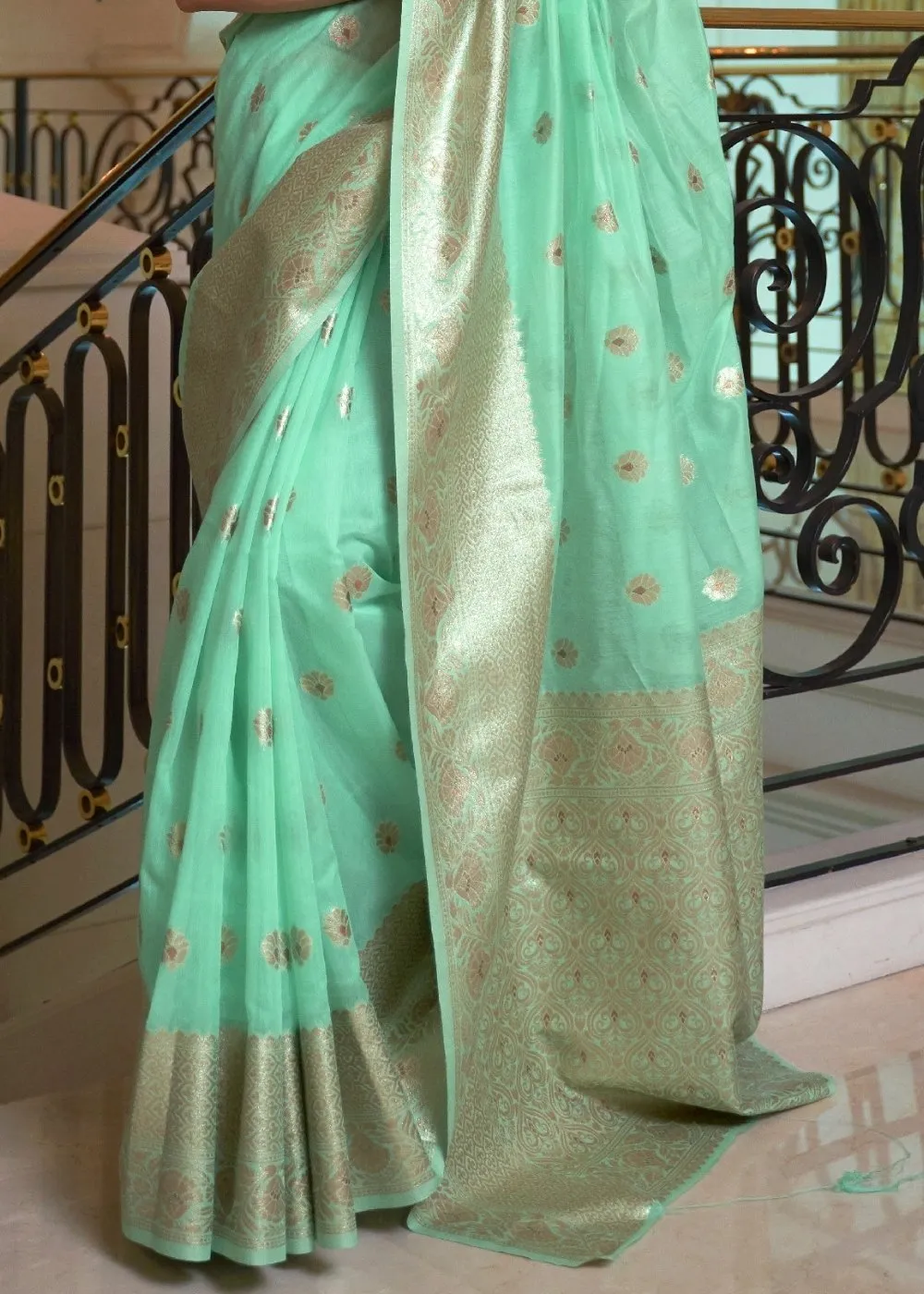 Mint Green Banarasi-Chanderi Fusion Woven Silk Saree