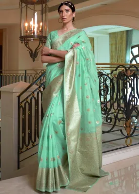 Mint Green Banarasi-Chanderi Fusion Woven Silk Saree