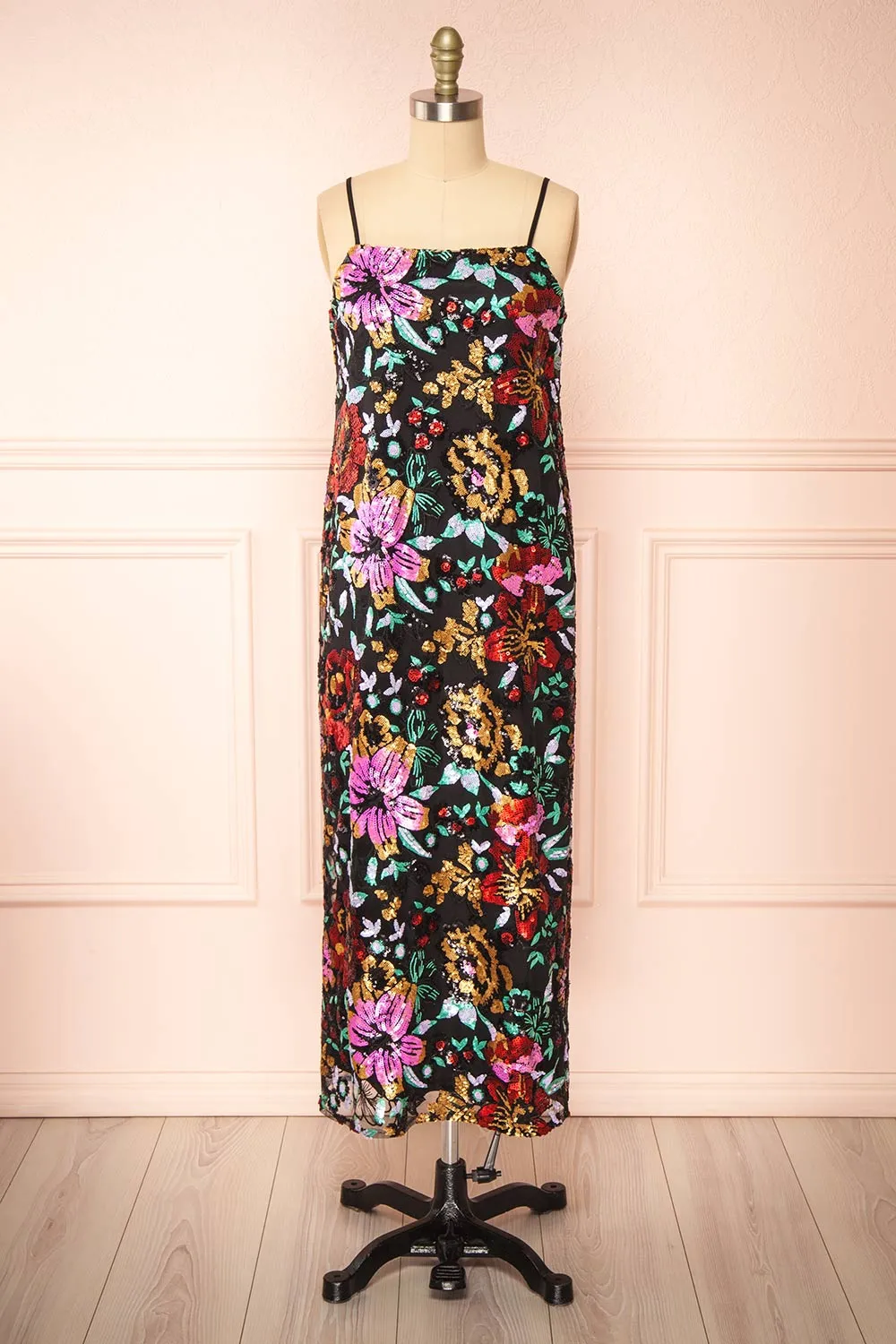 Myrine | Straight Midi Dress w/ Sequin Flowers