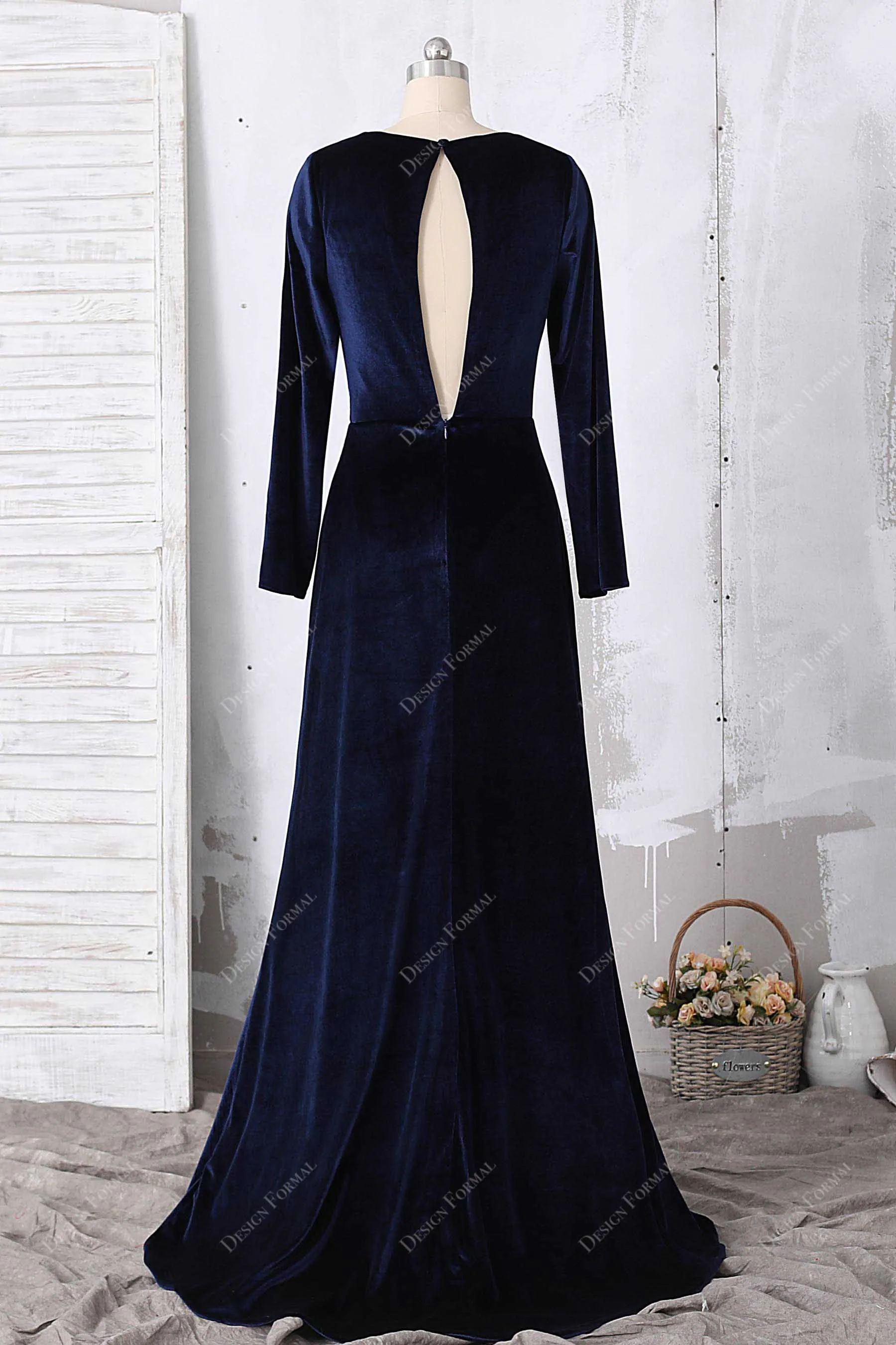 Navy Velvet Long Sleeved V-neck Wrap Slit Elegant Long Dress