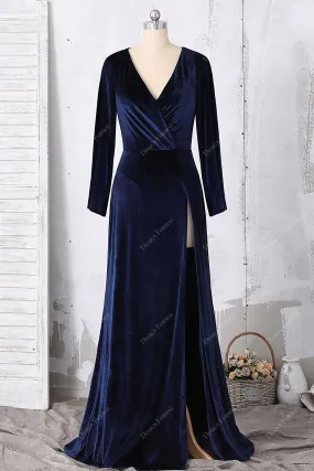 Navy Velvet Long Sleeved V-neck Wrap Slit Elegant Long Dress