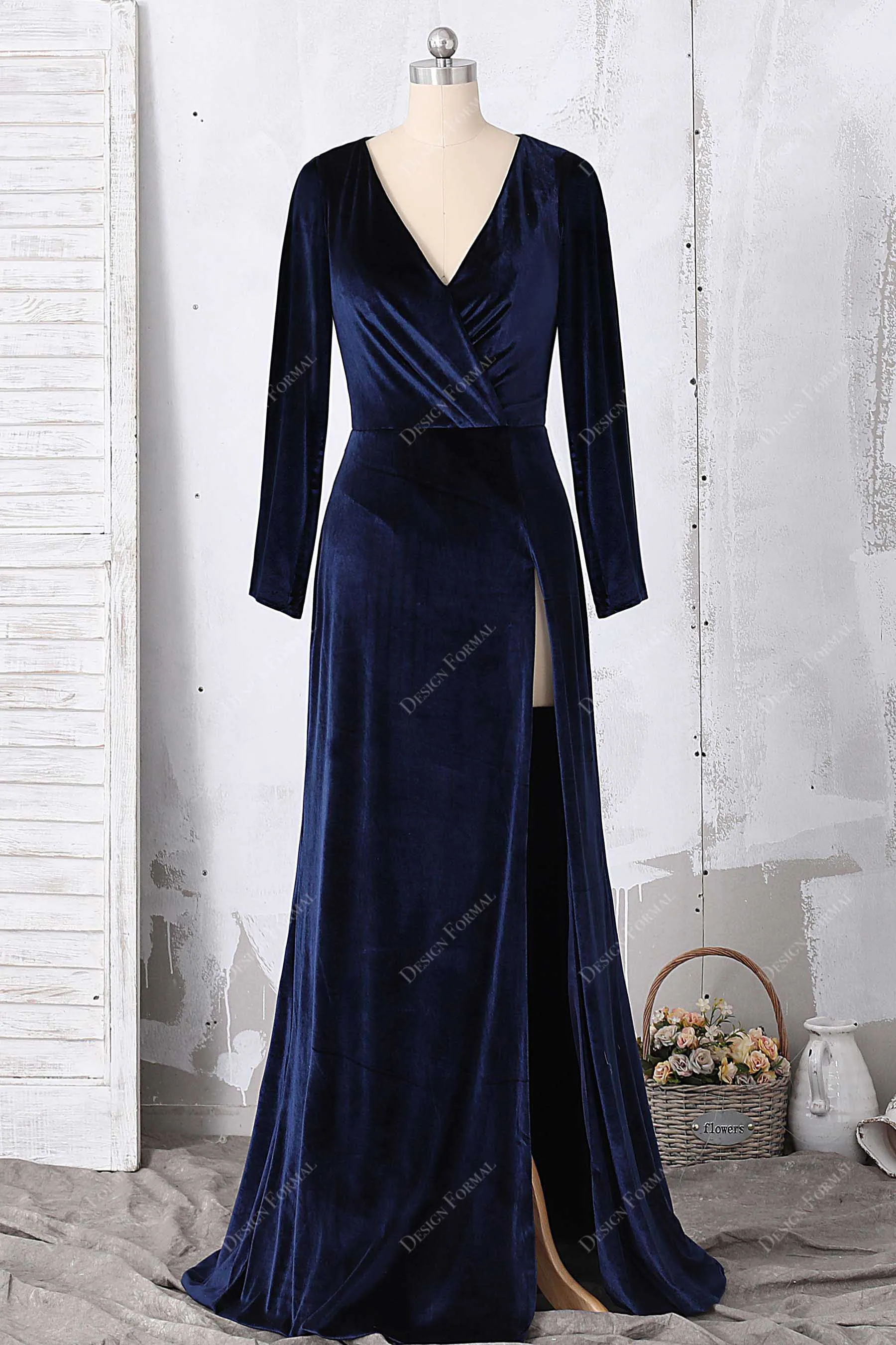 Navy Velvet Long Sleeved V-neck Wrap Slit Elegant Long Dress