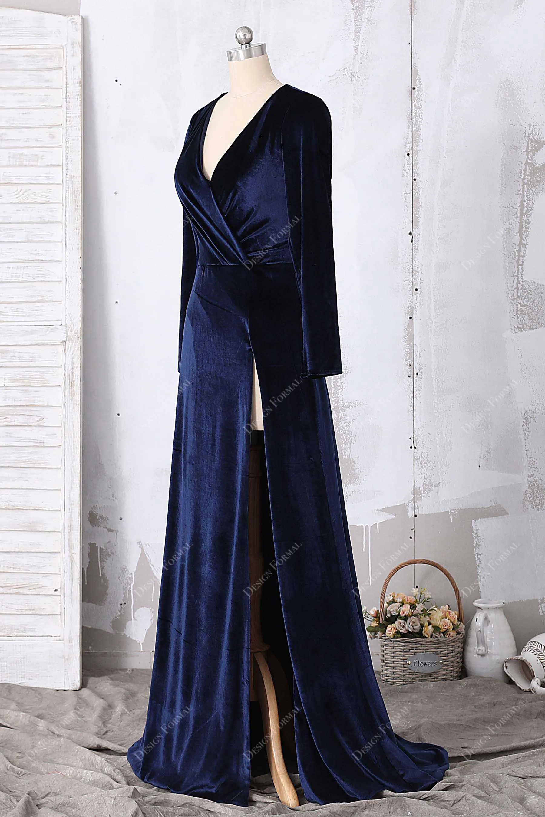 Navy Velvet Long Sleeved V-neck Wrap Slit Elegant Long Dress