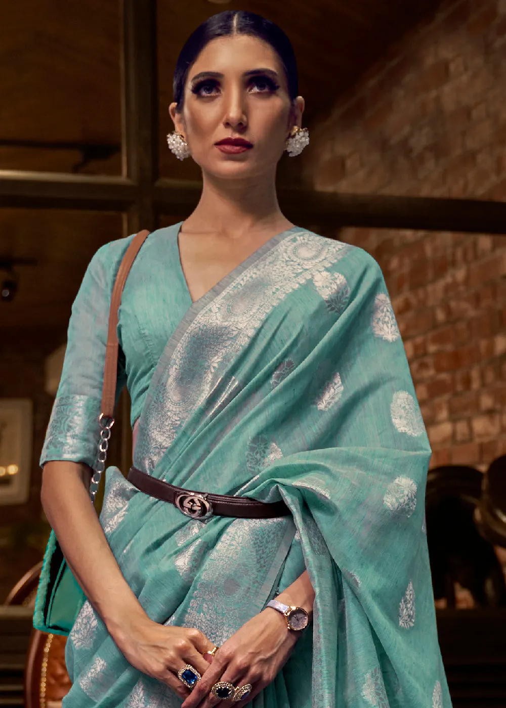 Oceanic Teal Blue Woven Linen Silk Saree