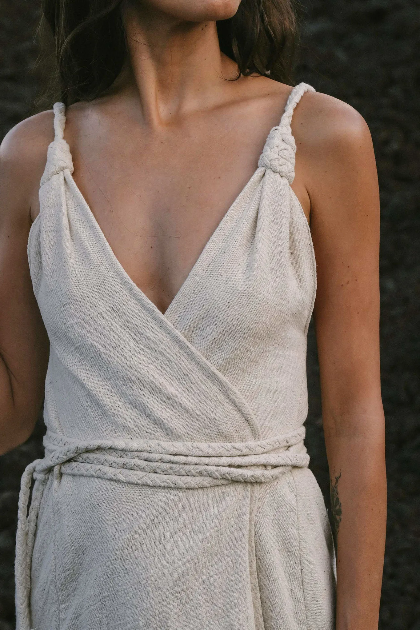 Off-White Handwoven Wrap Maxi Dress with Hand Loomed Back