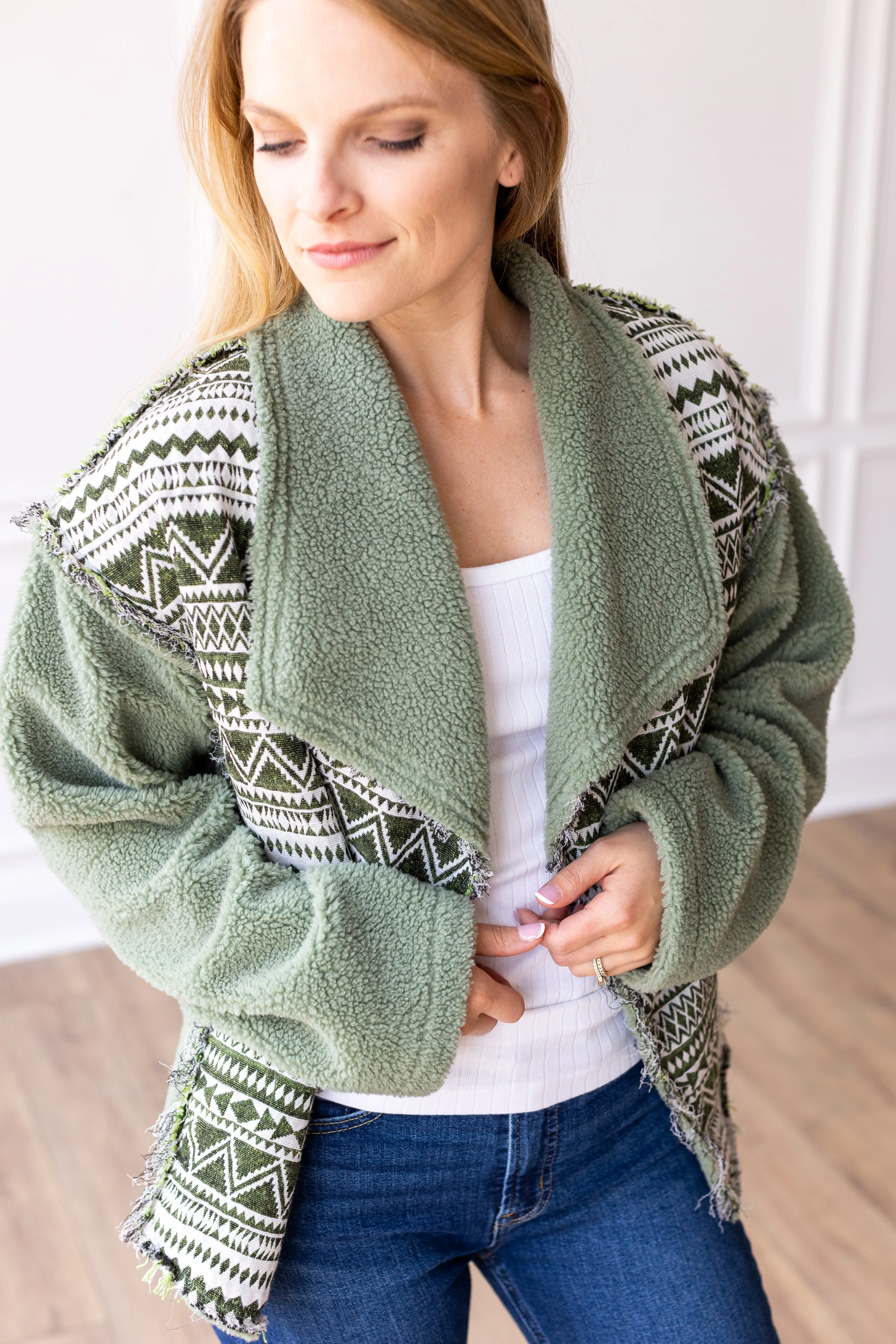 Olive Sherpa With Aztec Details