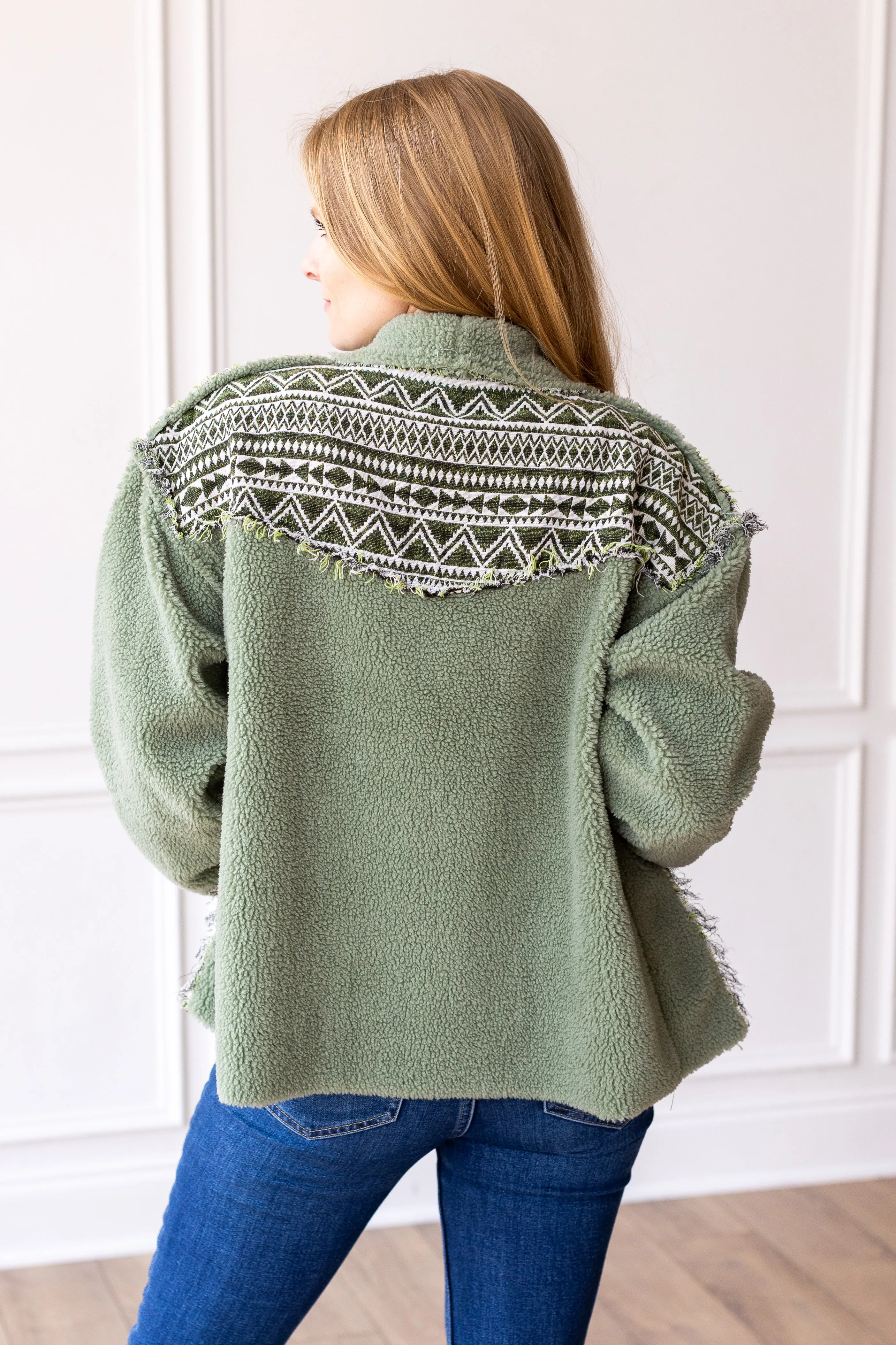 Olive Sherpa With Aztec Details