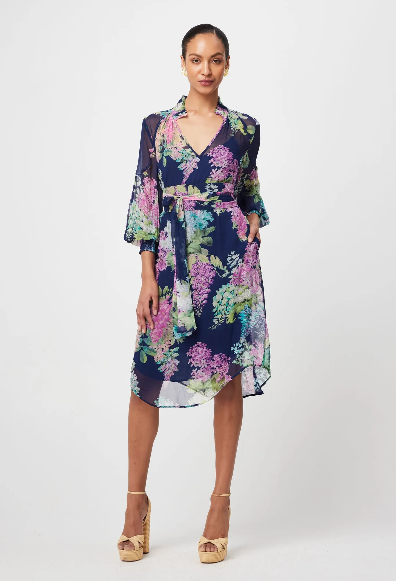 Once Was - Lane Shirred Collar & Cuff Long Sleeve Viscose Dress