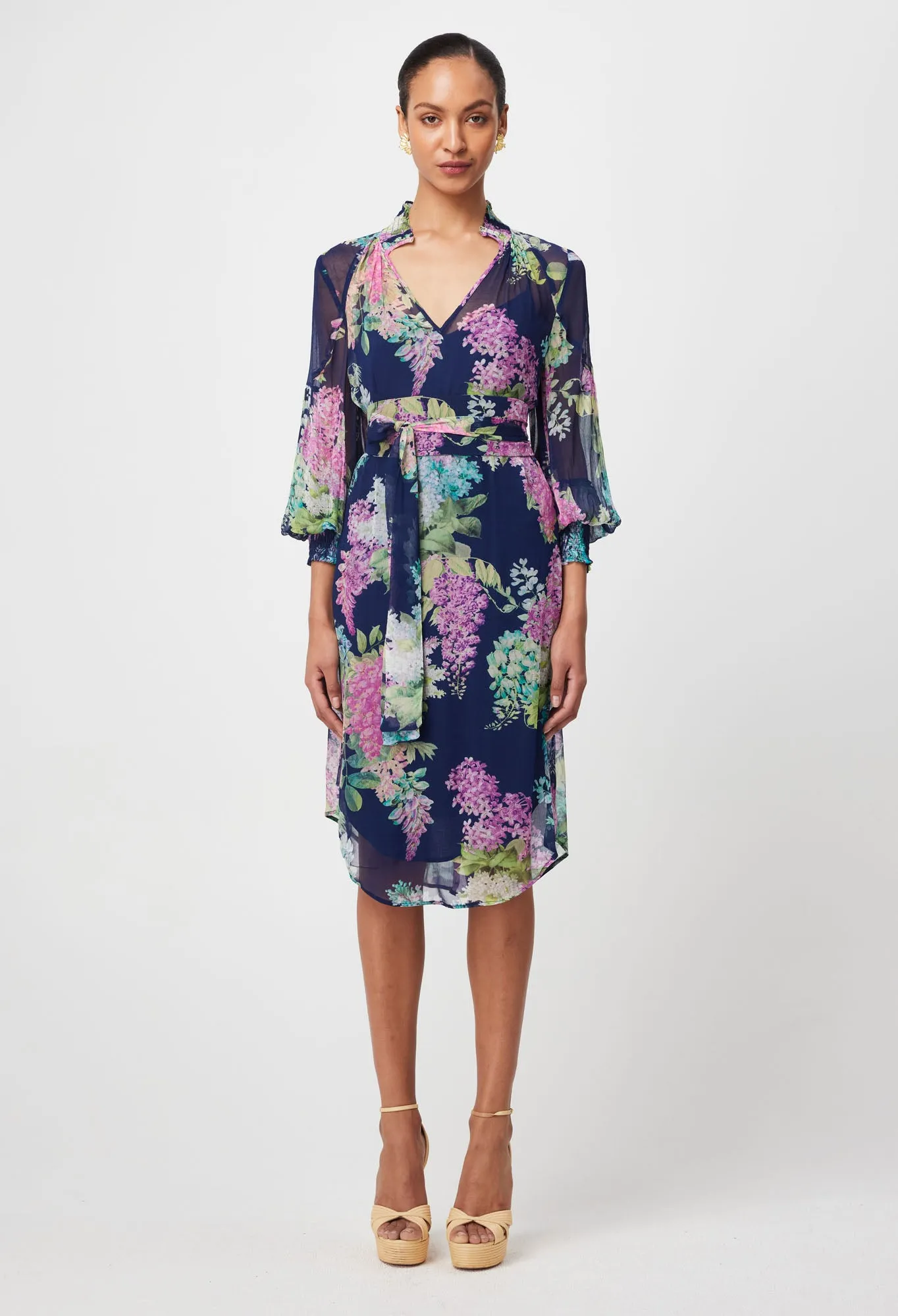 Once Was - Lane Shirred Collar & Cuff Long Sleeve Viscose Dress