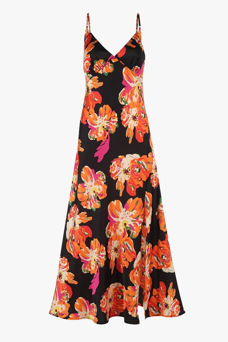 Otherworldly Black Orange Floral Satin Bias Slip Midi Dress