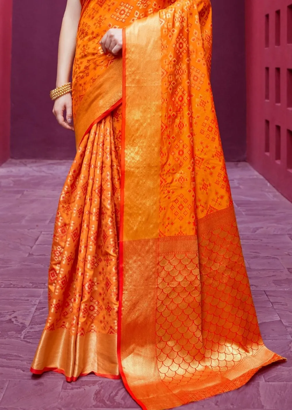 Papaya Orange Woven Patola Silk Saree