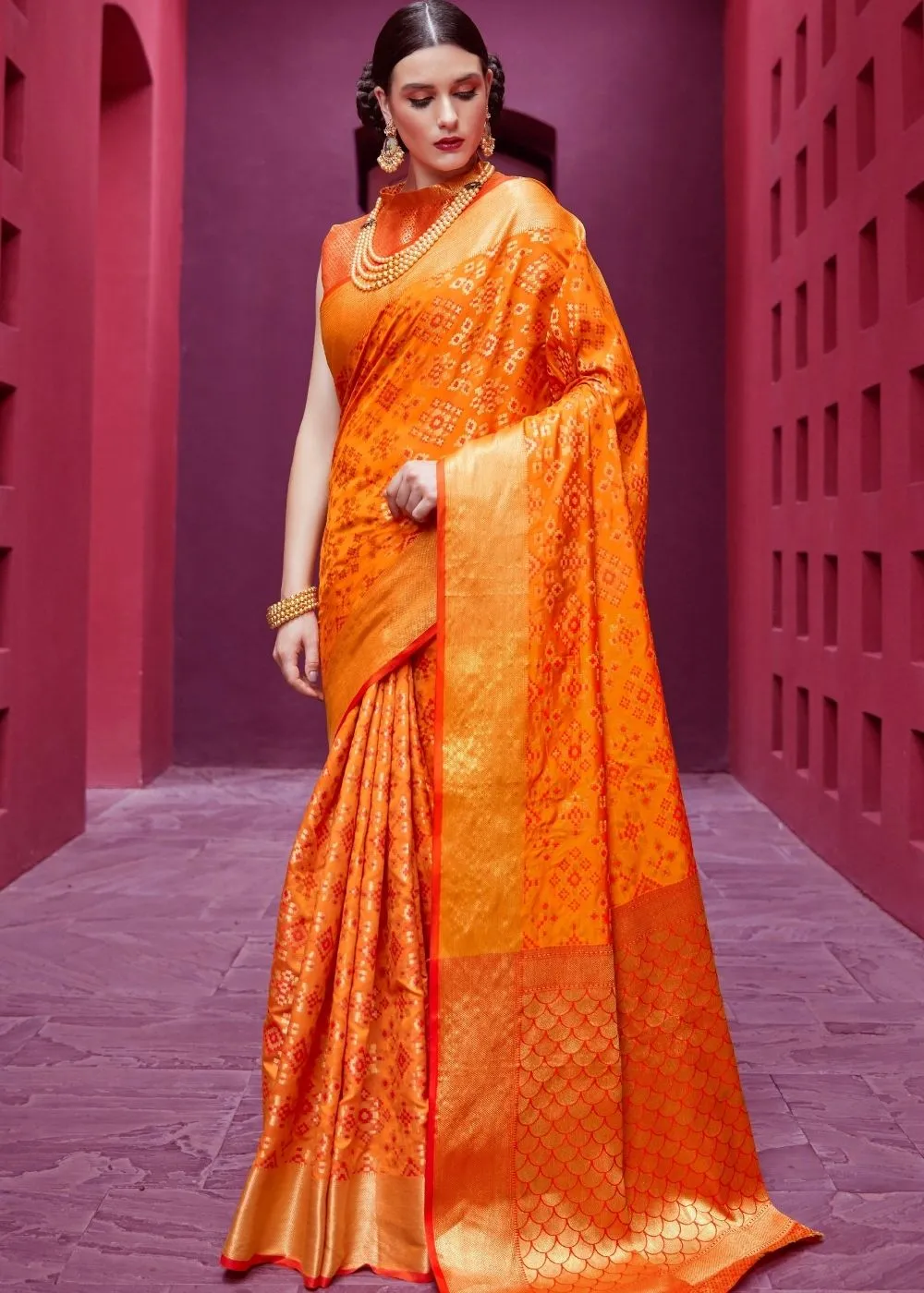 Papaya Orange Woven Patola Silk Saree