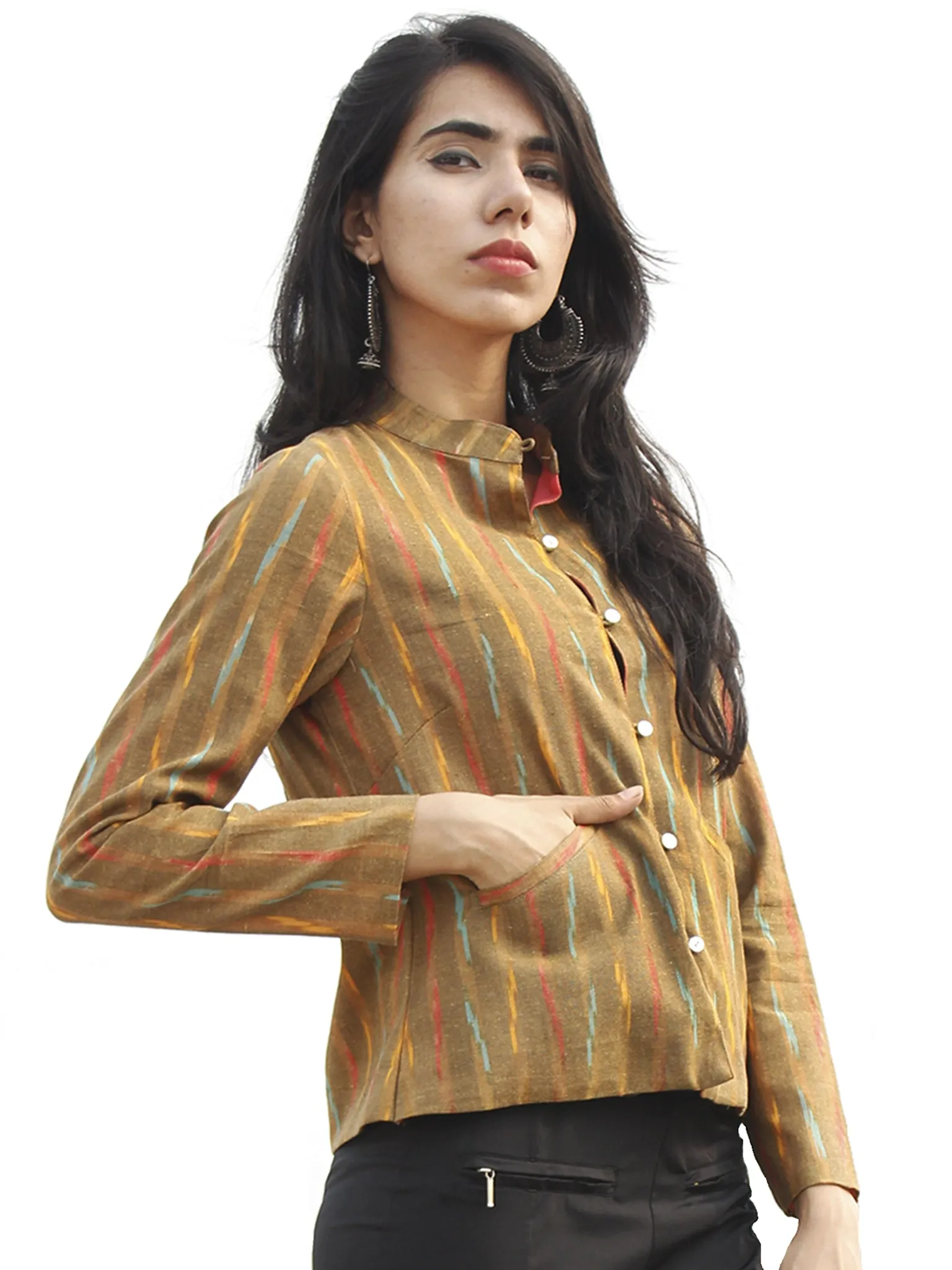 Peanut Brown Peach Yellow Hand Woven Ikat Crop Jacket With Stand Collar - J08F956