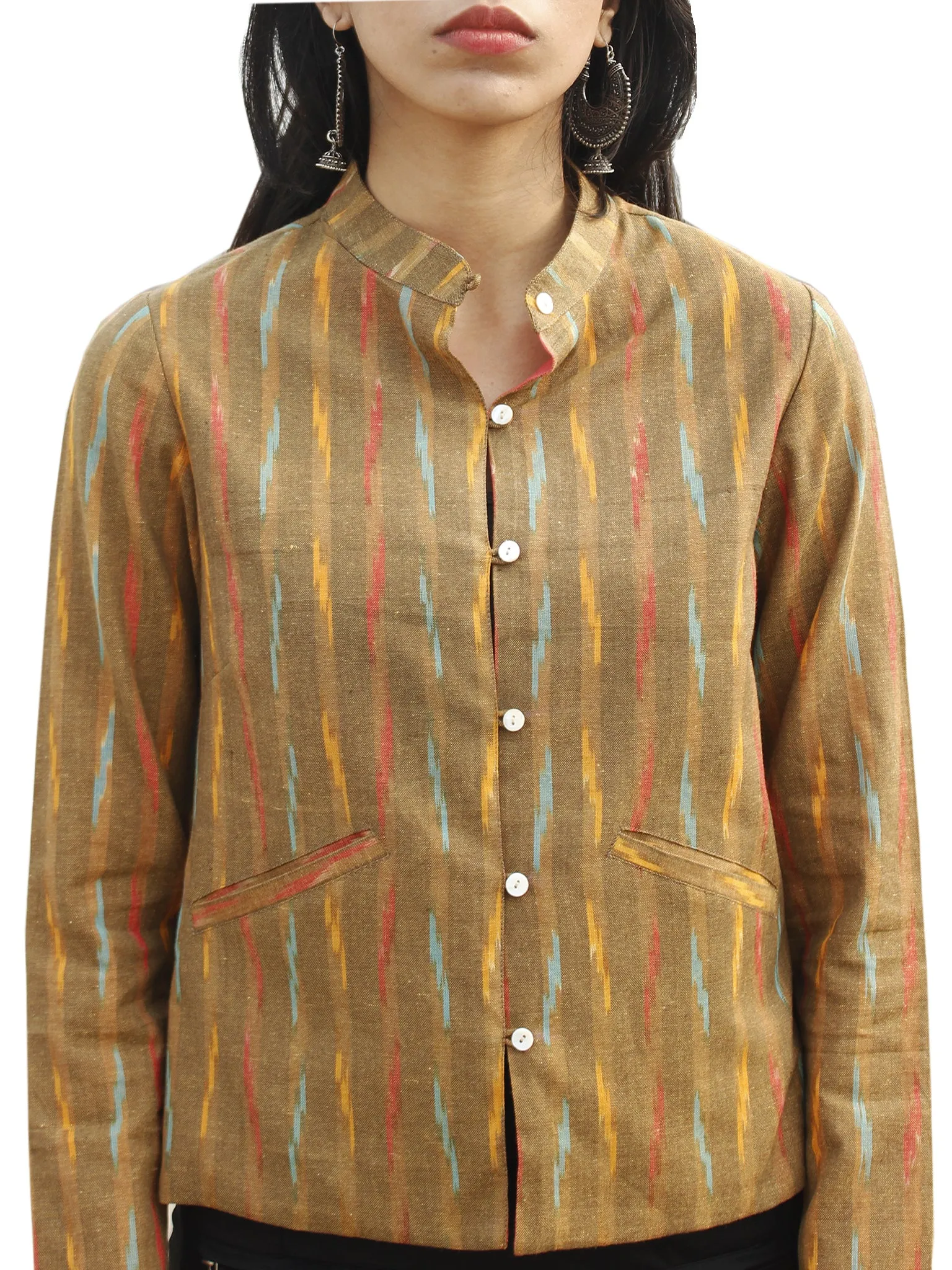 Peanut Brown Peach Yellow Hand Woven Ikat Crop Jacket With Stand Collar - J08F956