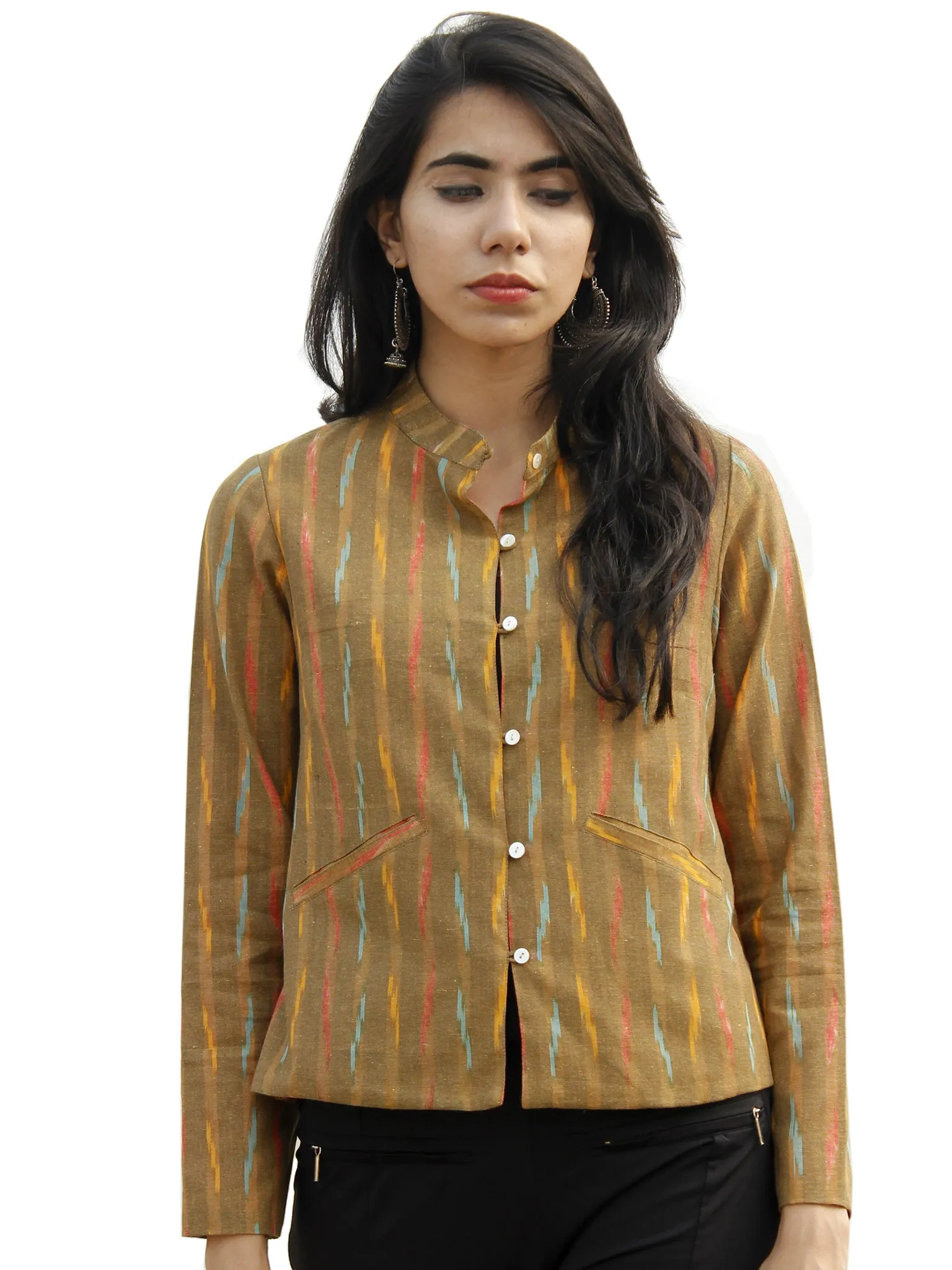 Peanut Brown Peach Yellow Hand Woven Ikat Crop Jacket With Stand Collar - J08F956