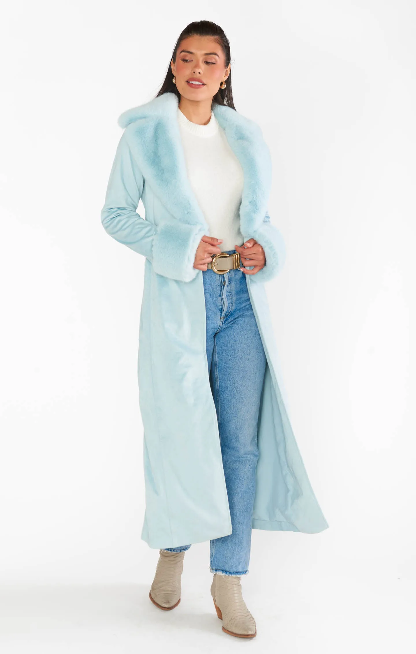 Penny Lane Long Coat ~ Sky Faux Suede with Faux Fur