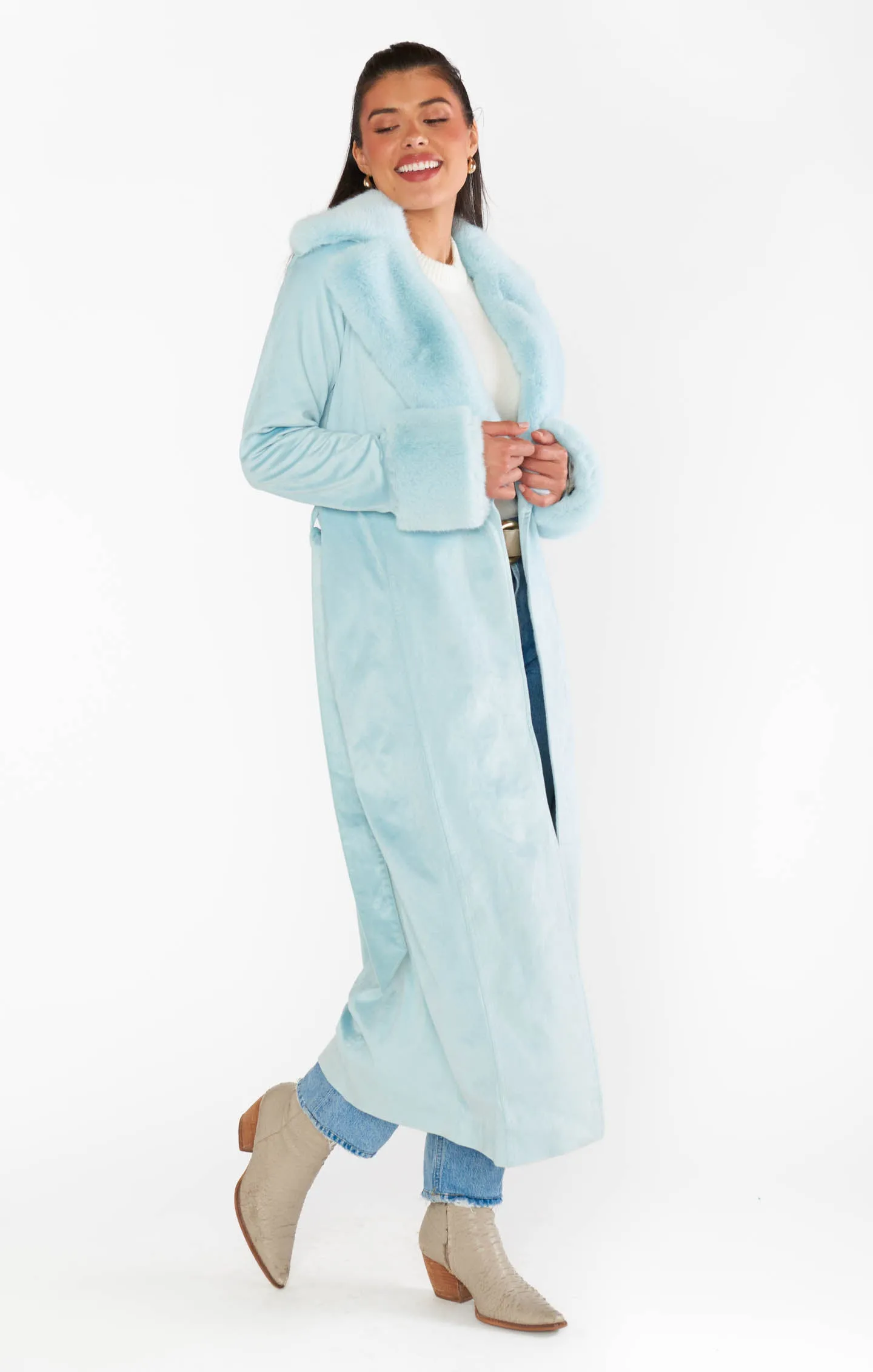 Penny Lane Long Coat ~ Sky Faux Suede with Faux Fur